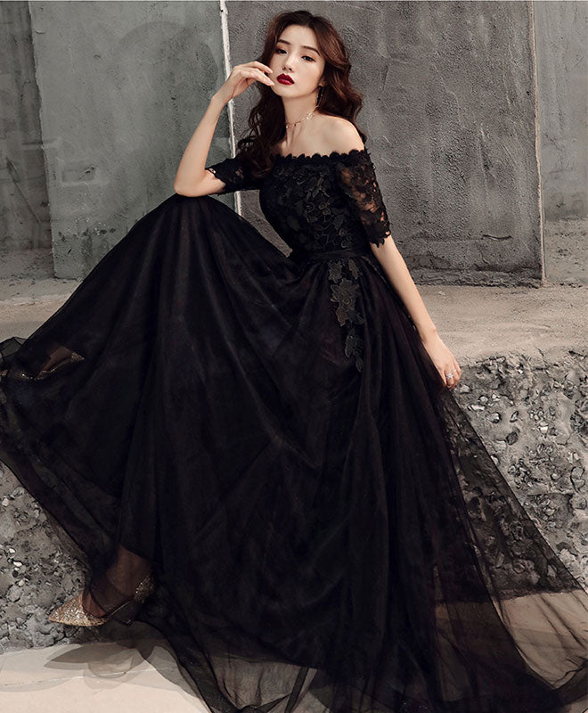 Elegant Black Tulle Lace Long Prom Dress with Floral Appliques - Formal Evening Gown for Homecoming, Wedding, Quinceañera & Special Occasions