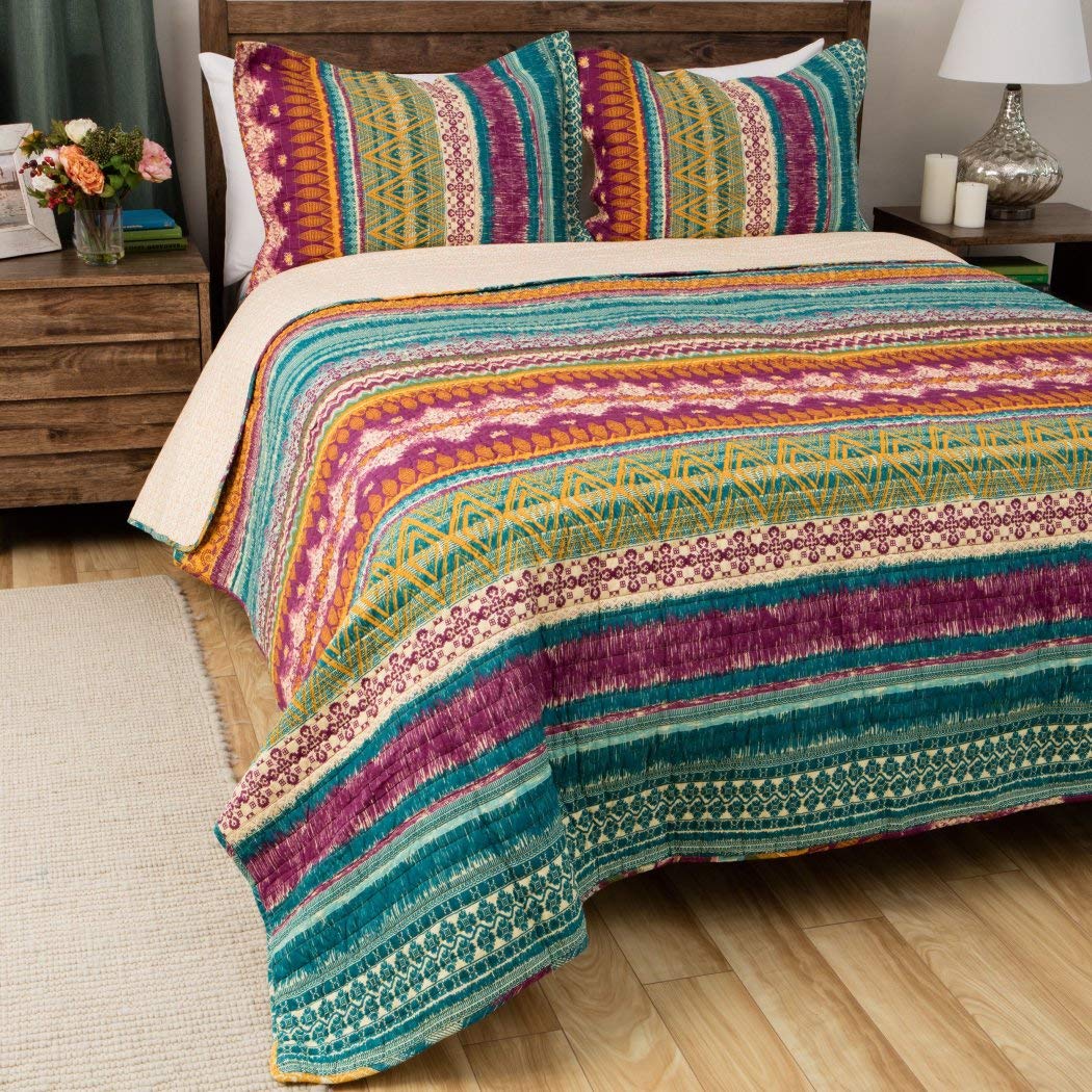Greenland 3-Piece Southwest Country Lodge Bedding Quilt Set - Vibrant Western Colors & Native Tribal Art Cotton Reversible Comforter (Full/Queen) for Cozy Cabin, Ranch, or Boho Chic Bedroom Decor