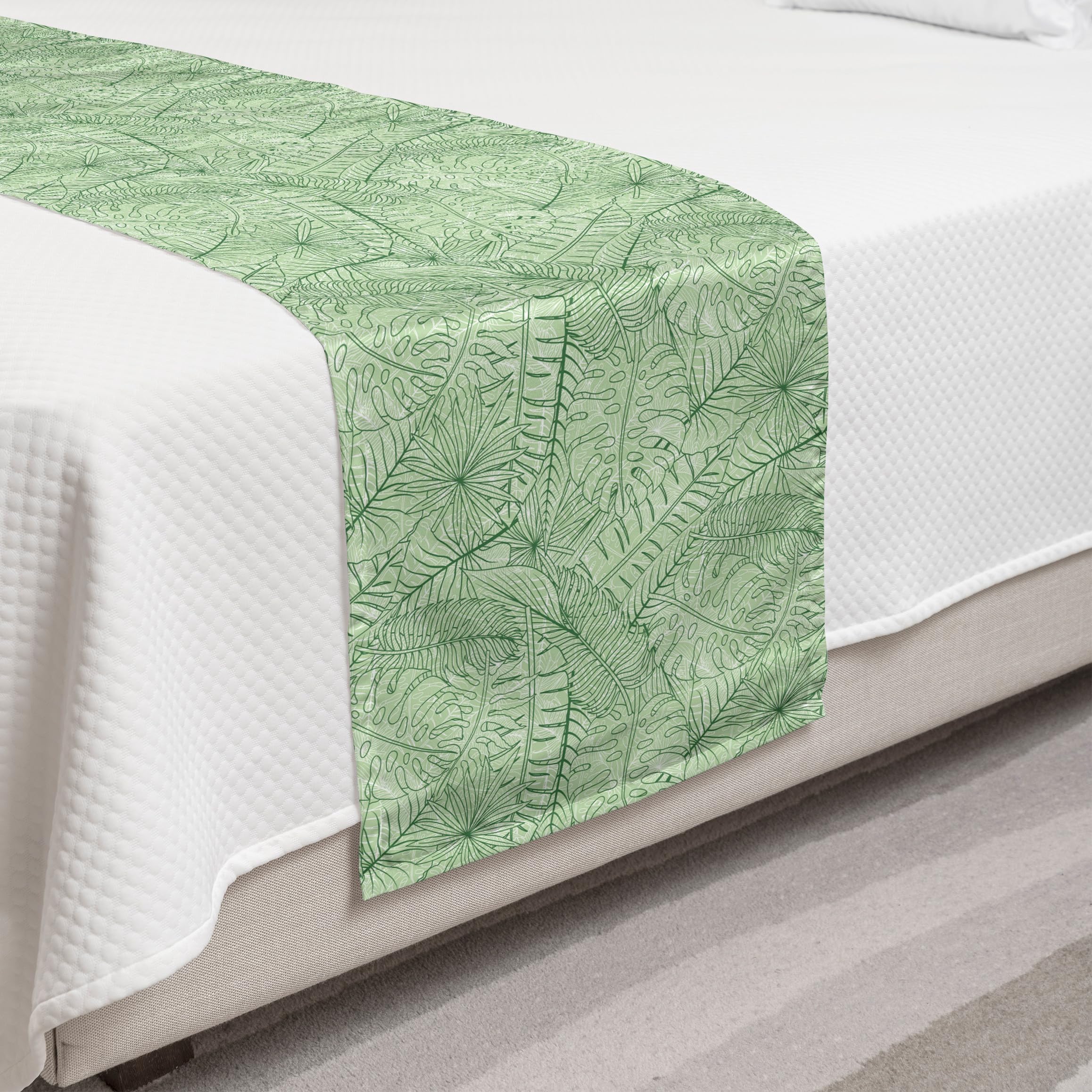Ambesonne Nature Bed Runner - Banana & Monstera Leaves Monochrome Print | Decorative Bed Scarf for Hotels, Homes & Guest Rooms in Pale Green | Perfect for Boho Bedroom Decor & Tropical Theme Weddings