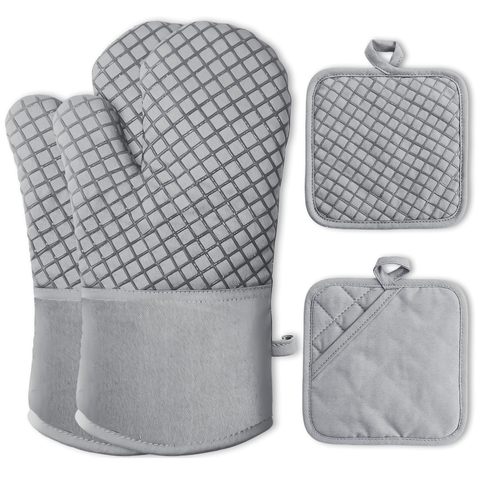 4 Pcs Heat Resistant Oven Mitts & Pot Holders Set - 500°F High Temperature Protection with Non-Slip Silicone Grip, Thickened Long Cotton Kitchen Gloves for Baking, Cooking, Grilling & BBQ (Light Gray) - Perfect for Home Kitchen, Outdoor Camping & Holiday Cooking