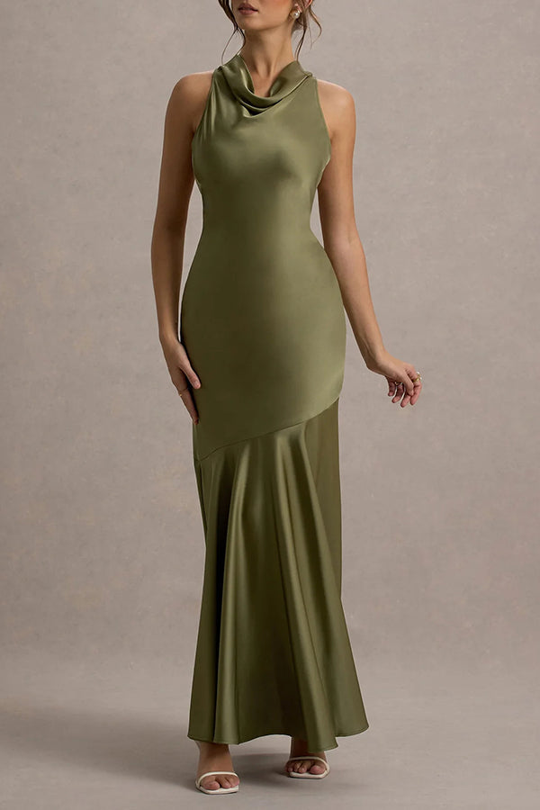 Elegant Satin Cowl Neck Maxi Dress with Back Tie Detail - Perfect for Evening Parties, Weddings & Special Occasions
