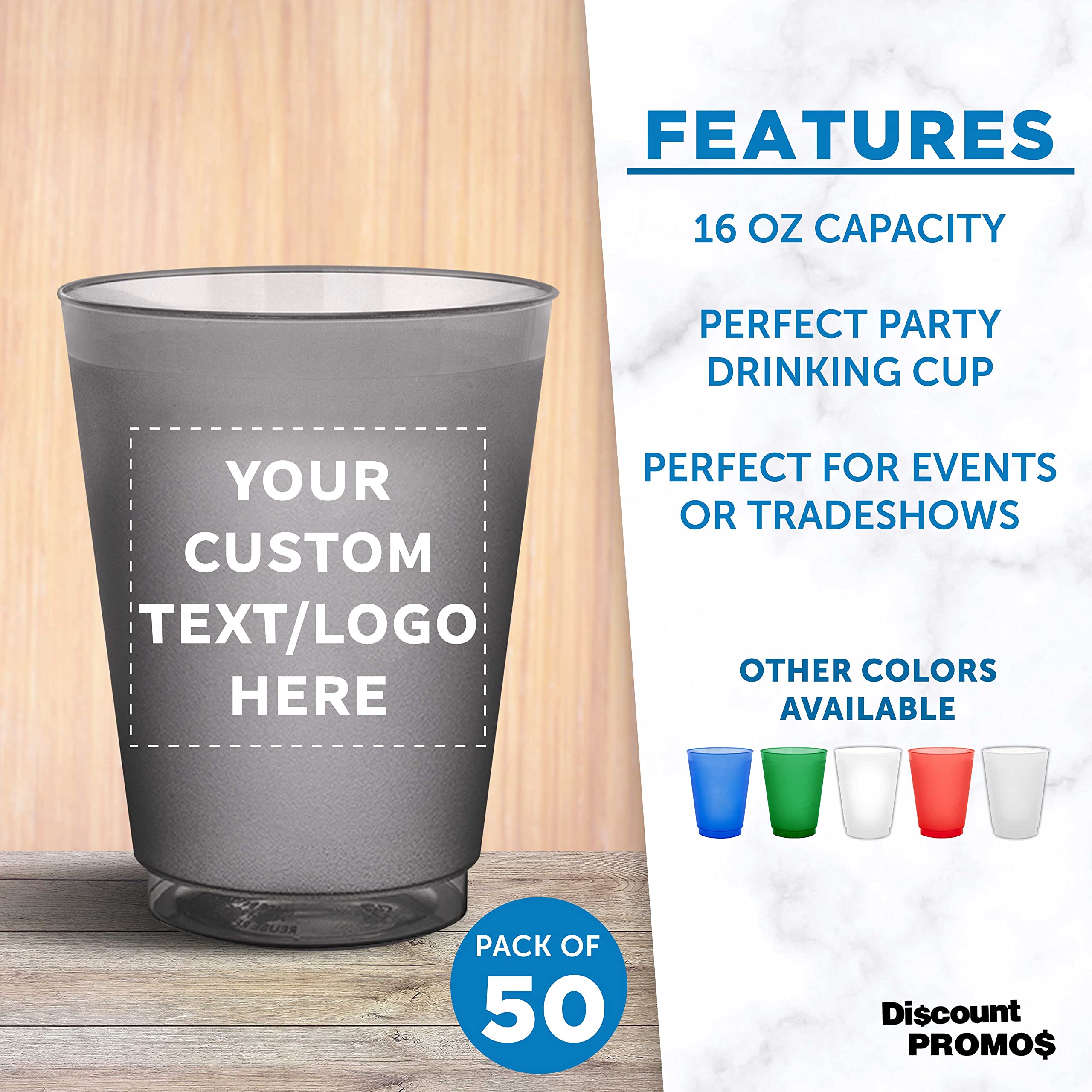 Custom Printed 16 oz Frosted Plastic Stadium Cups - 50 Pack with Promotional Text & Logo - Shatterproof, Flexible, Reusable Party Cups for Sports Events, Tailgating, BBQs, and Outdoor Gatherings - Smoke Color
