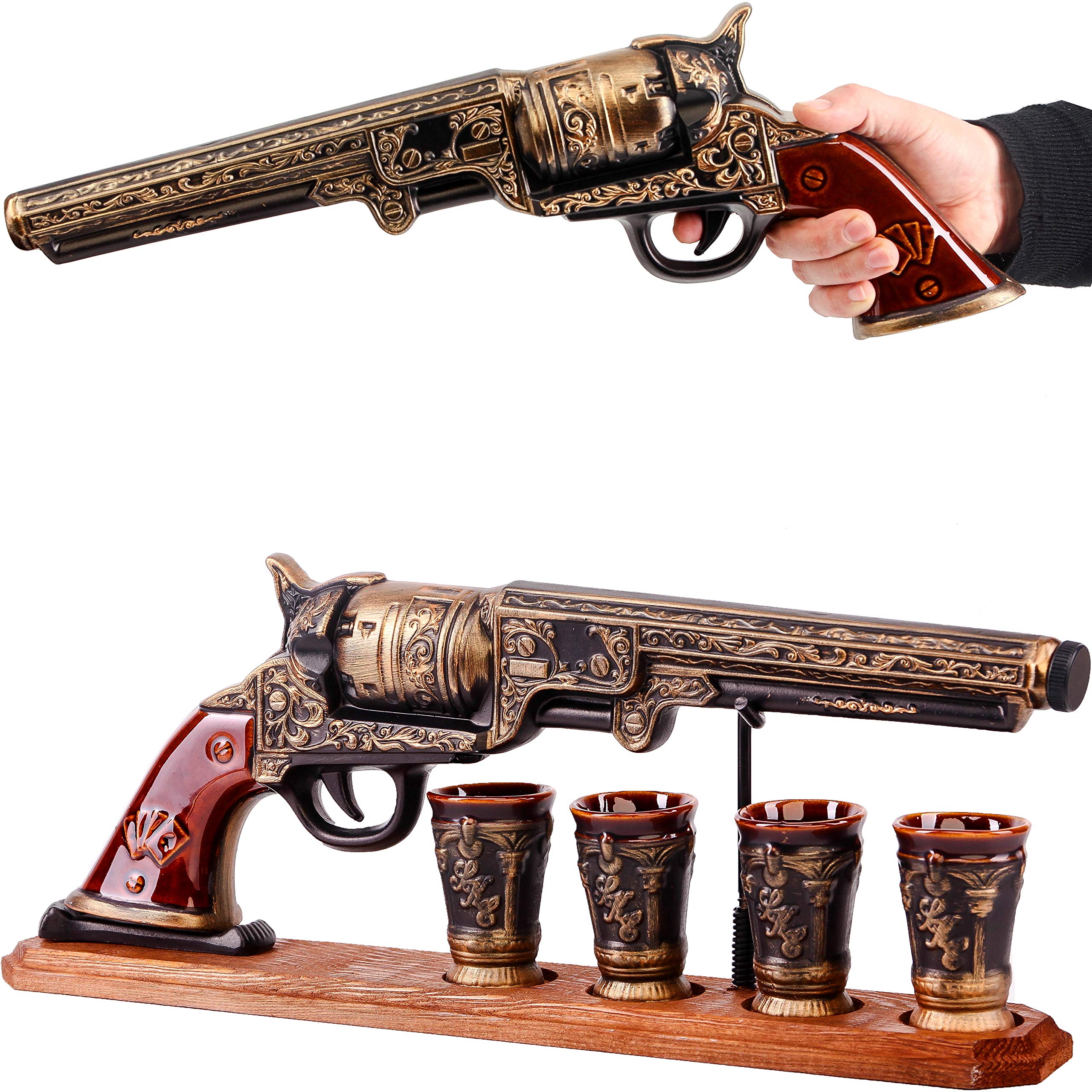 Brave Spirit Gun Decanter Set 600ml with 4 Shot Glasses - Ceramic Whiskey Flask for Alcohol, Vodka, Tequila, Bourbon, Scotch, Gin - Unique Liquor Gift for Men - Perfect for Home Bars, Parties & Gifts (19.7 x 7 x 3.1 inches)