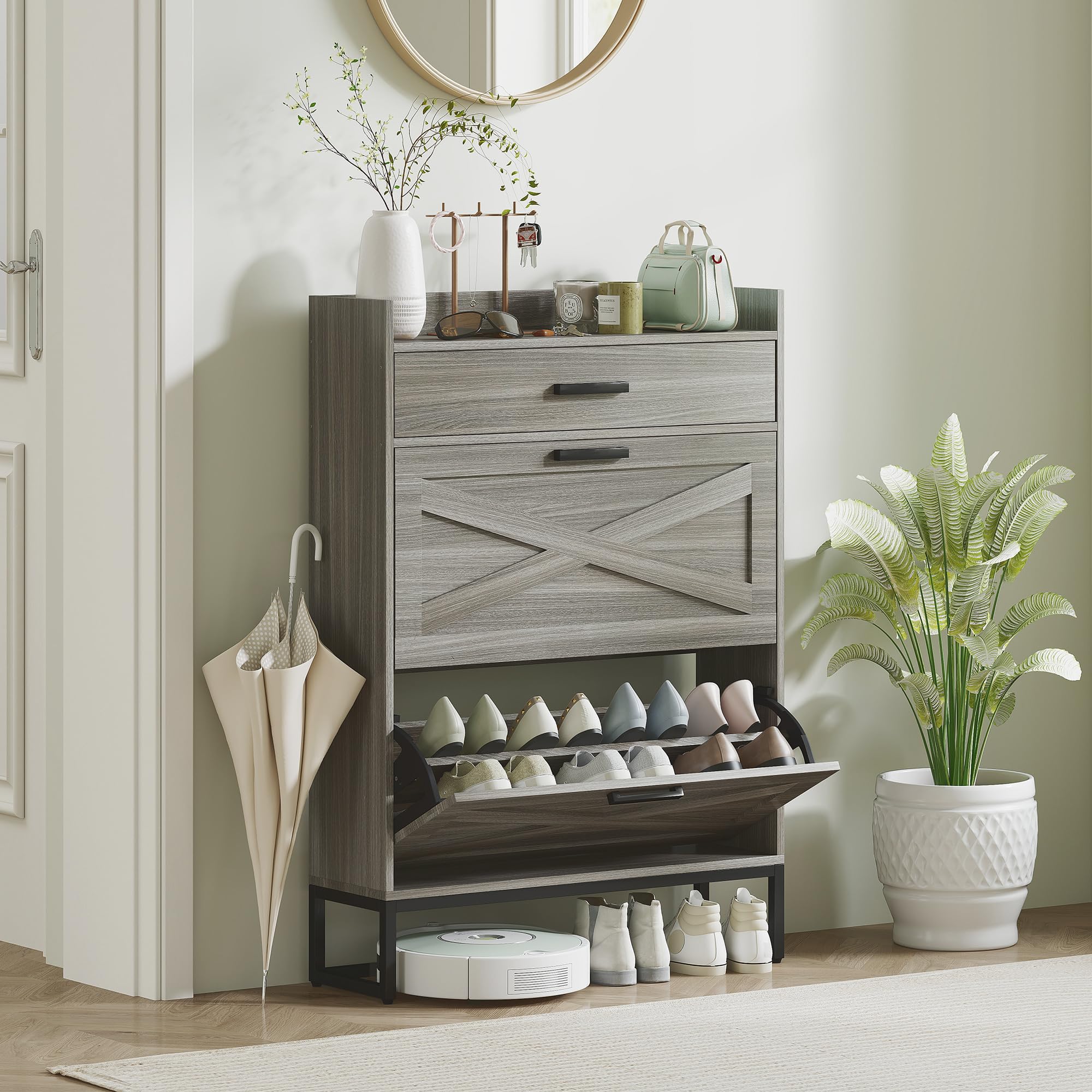 HOMCOM 12-Pair Narrow Shoe Storage Cabinet with Adjustable Shelves & 2 Flip Drawers - Farmhouse Entryway Shoe Organizer with Top Drawer, Distressed Gray for Hallway, Closet & Mudroom Organization
