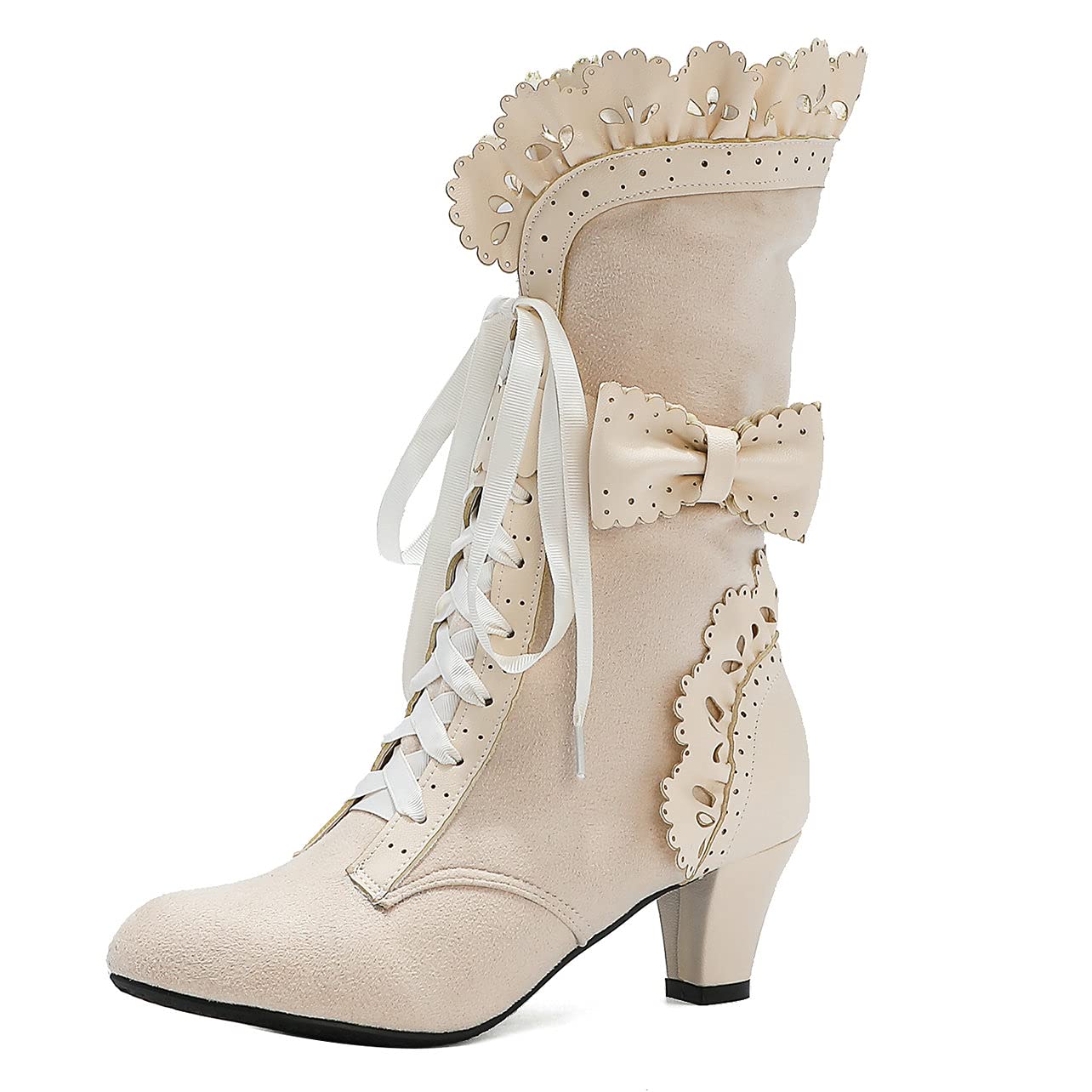 UniqueStride Women's Lolita Kitten Heel Mid-Calf Boots - Sweet Bow & Lace-Up Design for Cosplay, Kawaii Fashion & Dress Outfits | Perfect for Anime Conventions, Themed Parties & Vintage Style