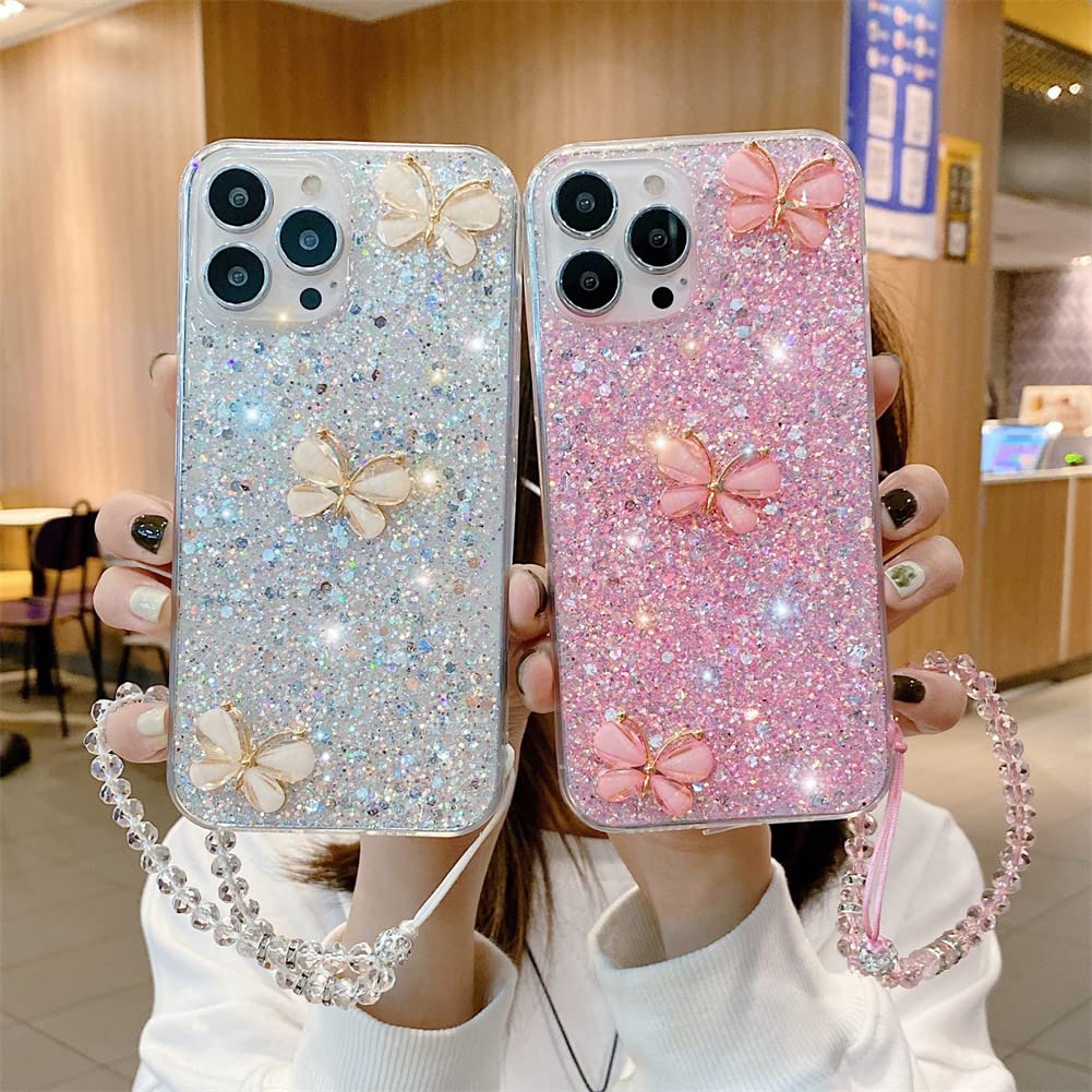 **3D Crystal Glitter Butterfly Phone Case for Samsung Galaxy A21s - Clear Soft TPU Shockproof Cover with Diamond Wrist Strap, Transparent Protective Case for Women & Girls (Pink) - Perfect for Everyday Use, Parties & Gifts**