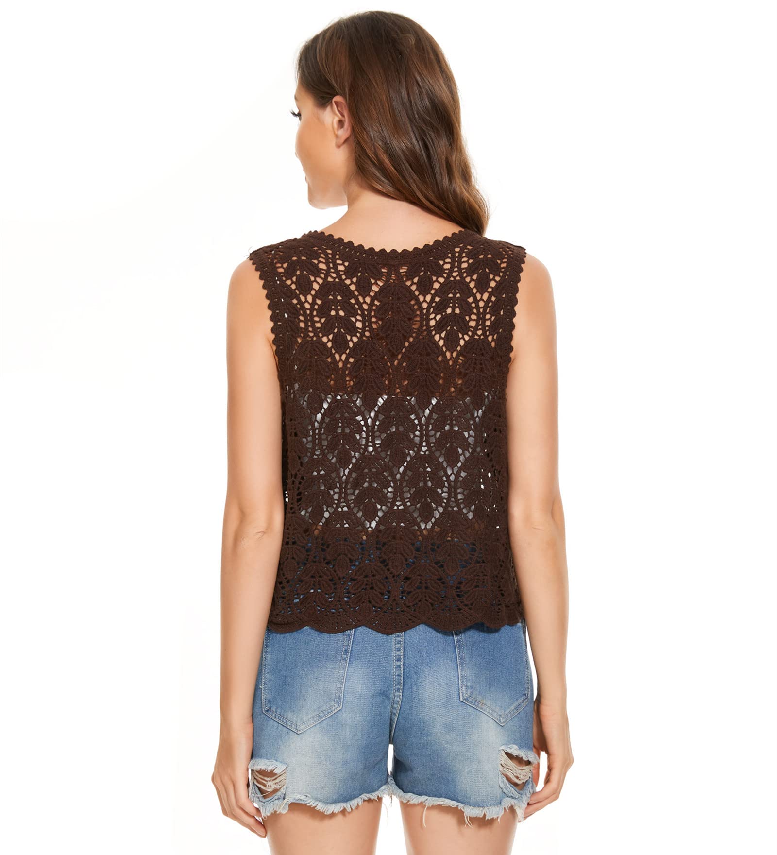 Women's Floral Crochet Lace Trim Sleeveless Open Front Vest Cardigan - Lightweight Summer Cover Up for Beach, Wedding & Casual Outfits