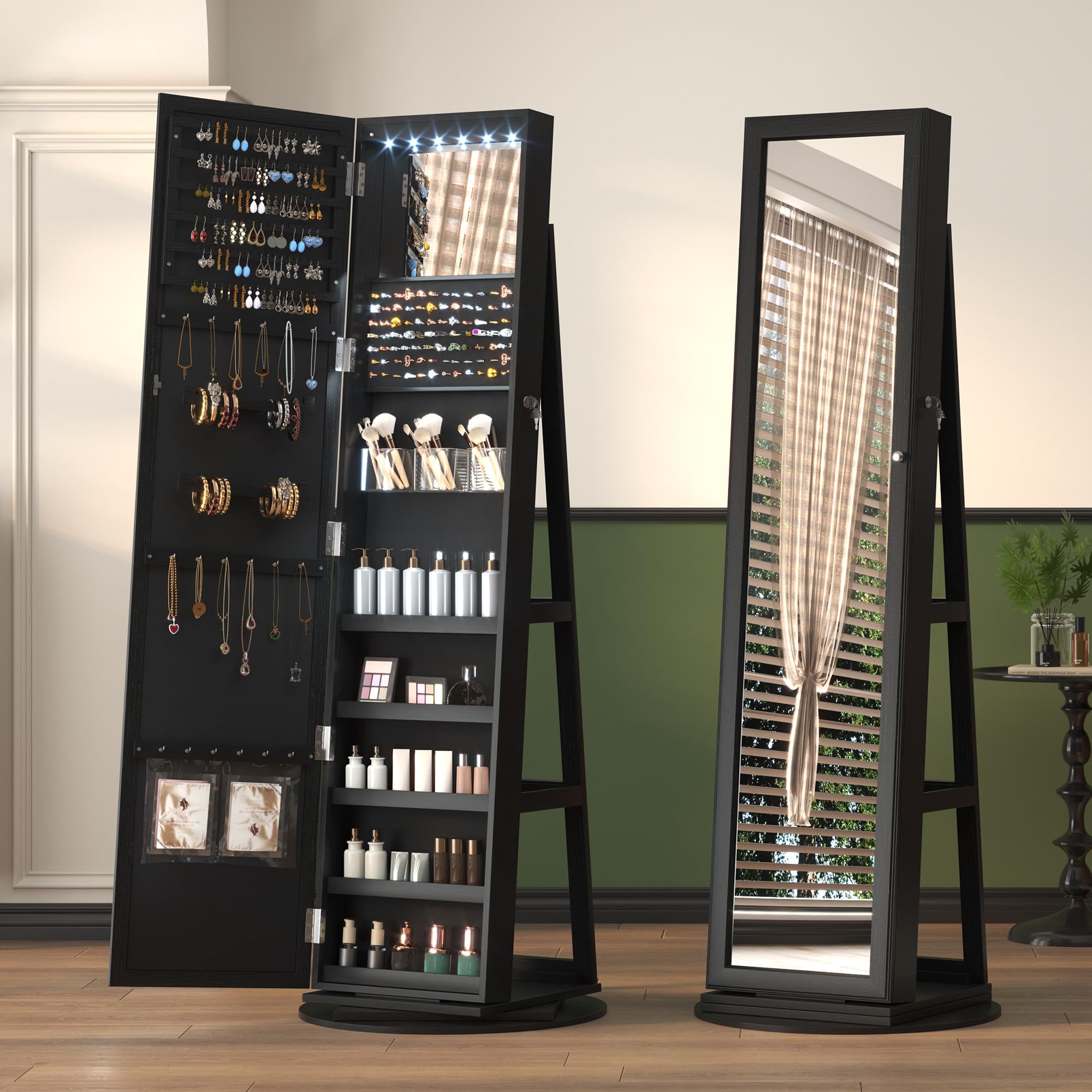 360° Swivel LED Jewelry Cabinet with Full Length Mirror - Jewelry Organizer & Storage Armoire, Farmhouse Style Lighted Vanity Mirror for Bedroom & Dressing Room (Coal Black) | Perfect for Jewelry Display, Makeup & Outfit Coordination