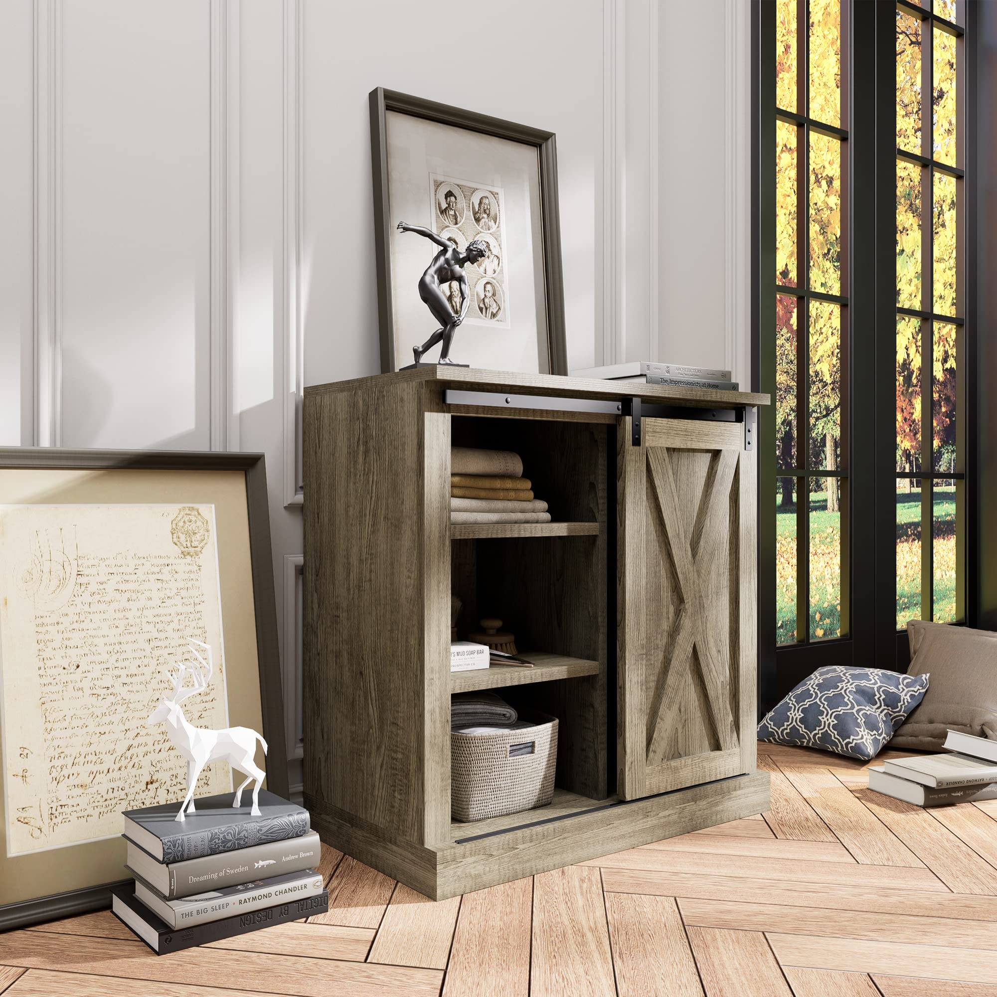 CONSDAN 3-Tier Storage Cabinet with Sliding Barn Door - Modern Kitchen Pantry Organizer, Buffet Sideboard for Dining Room & Living Room Storage - Perfect for Home Organization & Small Space Decor