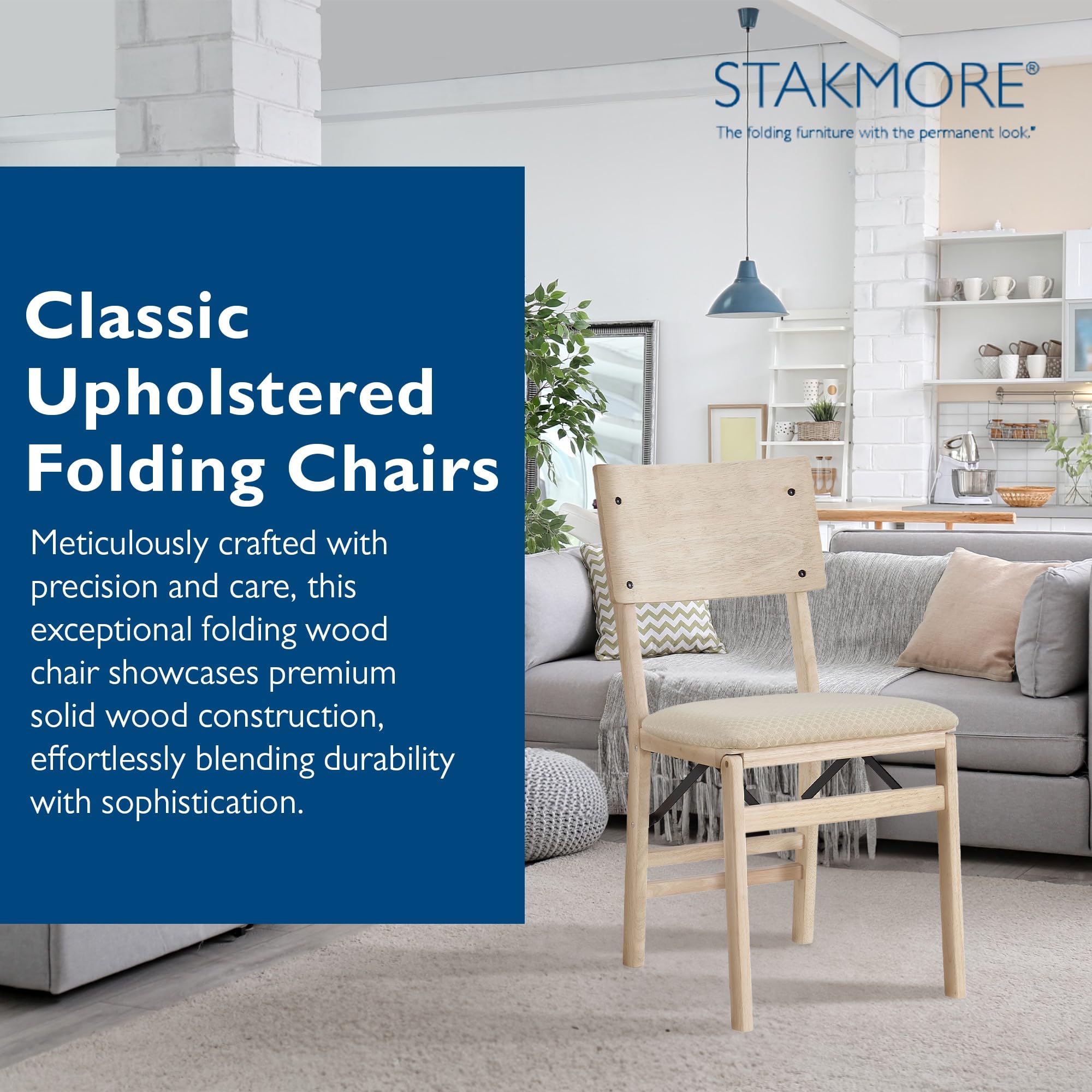 Premium Solid Wood Folding Dining Chair Set of 2 - MECO Stakmore Aztec Curved Back with Fabric Padded Seat - Perfect for Small Spaces, Kitchen, Dining Room & Home Office - Unfinished Wood Finish
