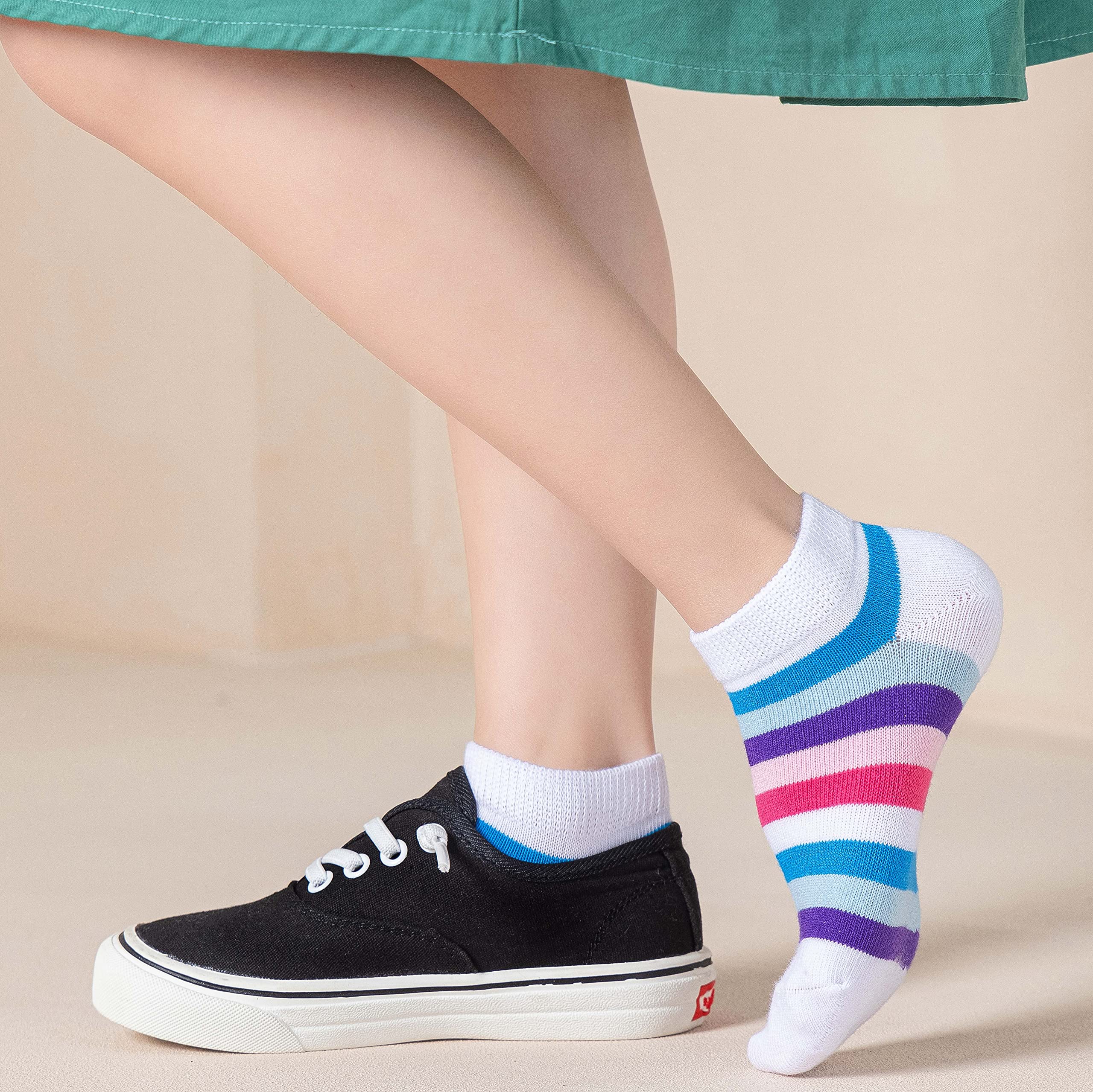 Marchare Girls Seamless Cotton Socks - 5 Pack Rainbow Striped Crew Socks for School, Play & Everyday Wear | Soft & Comfortable Kids Socks for Toddlers & Children