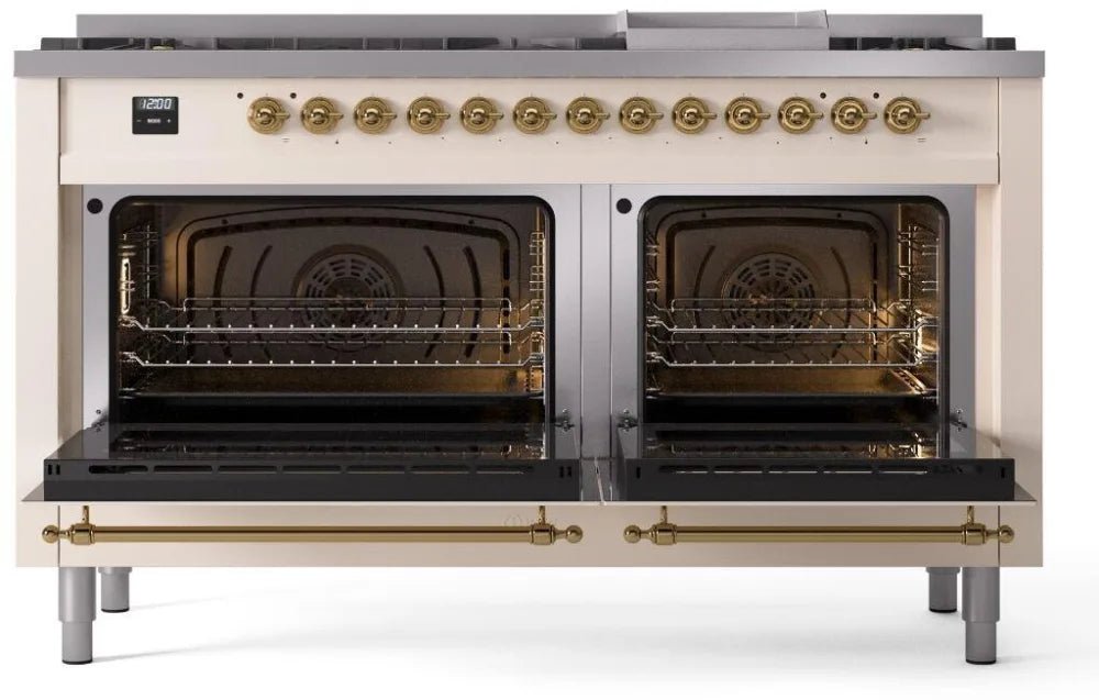 ILVE Nostalgie II 60-Inch Dual Fuel Natural Gas Range - Antique White with Brass Trim (UP60FNMPAWG) - Perfect for Vintage-Style Kitchens & Gourmet Cooking