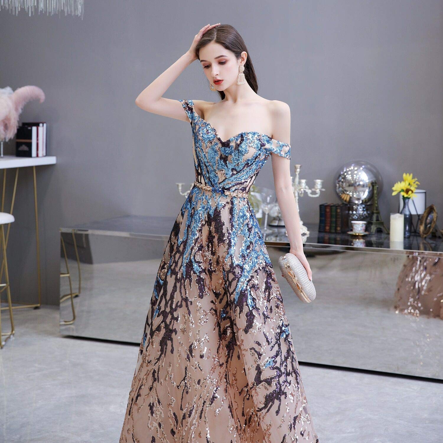 Blue Sequins A-Line Evening Dress | Off-Shoulder Bridesmaid & Prom Gown | Formal Party, Wedding, Homecoming, Cocktail Events