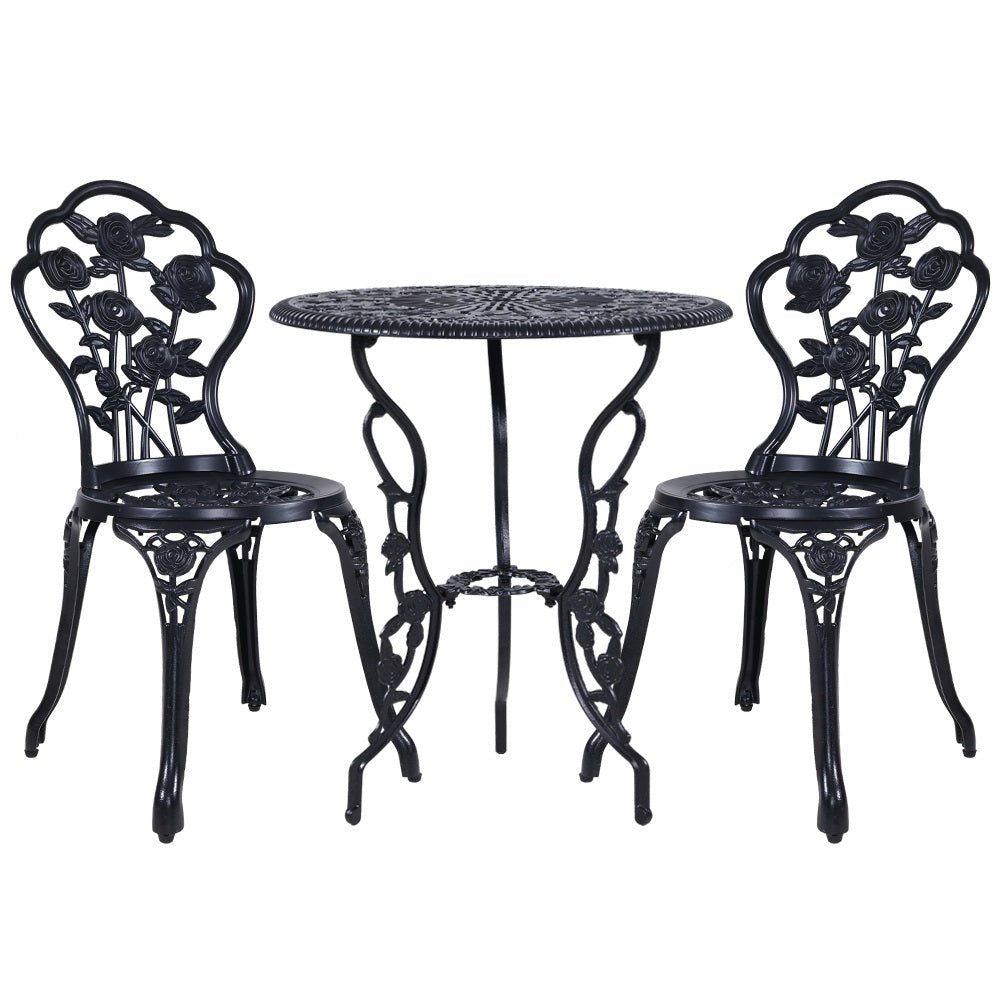3-Piece Outdoor Bistro Set with Cast Aluminum Table and Chairs in Rose Black - Perfect for Patio, Garden, and Backyard Dining