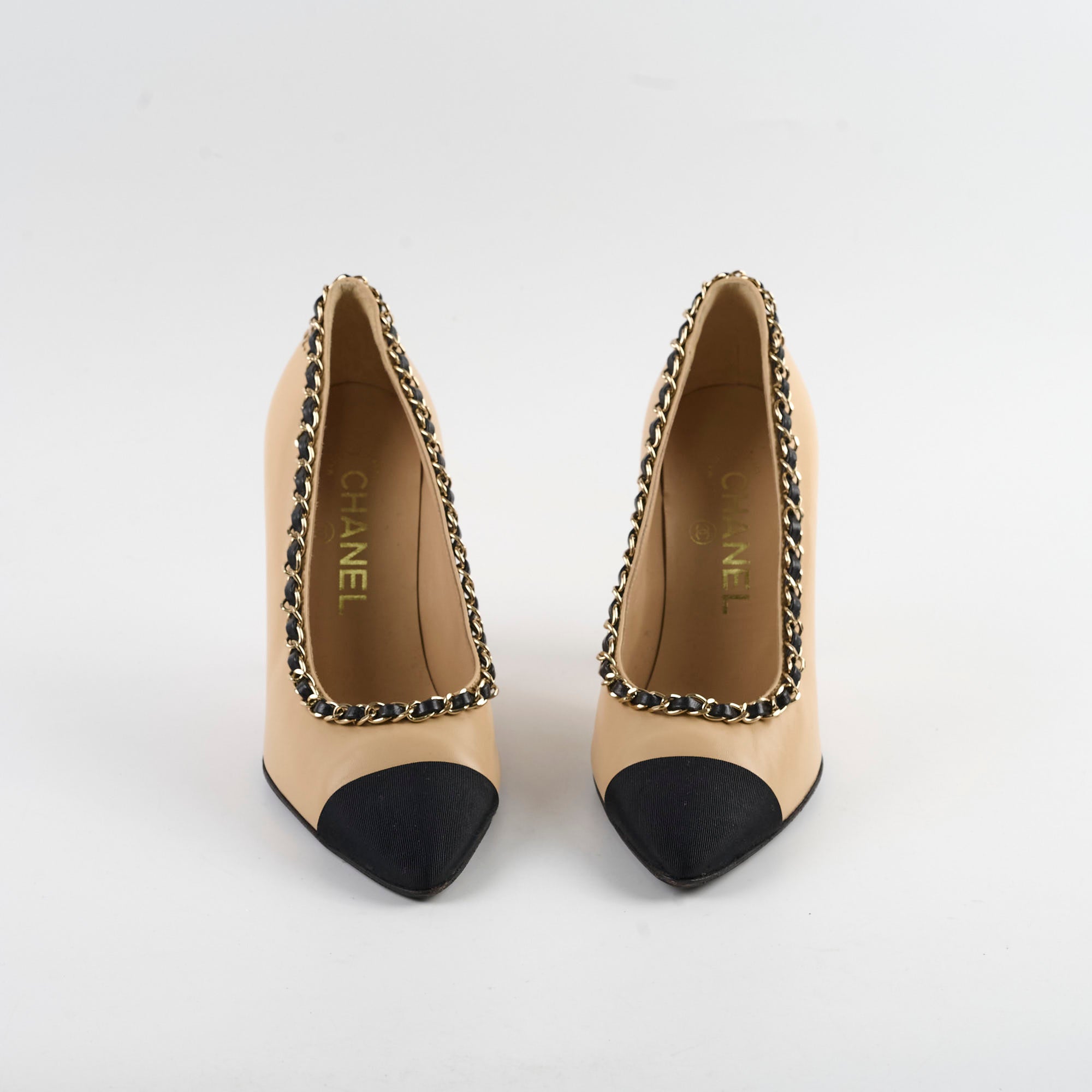 Chanel Beige Chain Cap Toe Pumps Women's Size 35.5 - Elegant Heels for Office, Party & Special Occasions