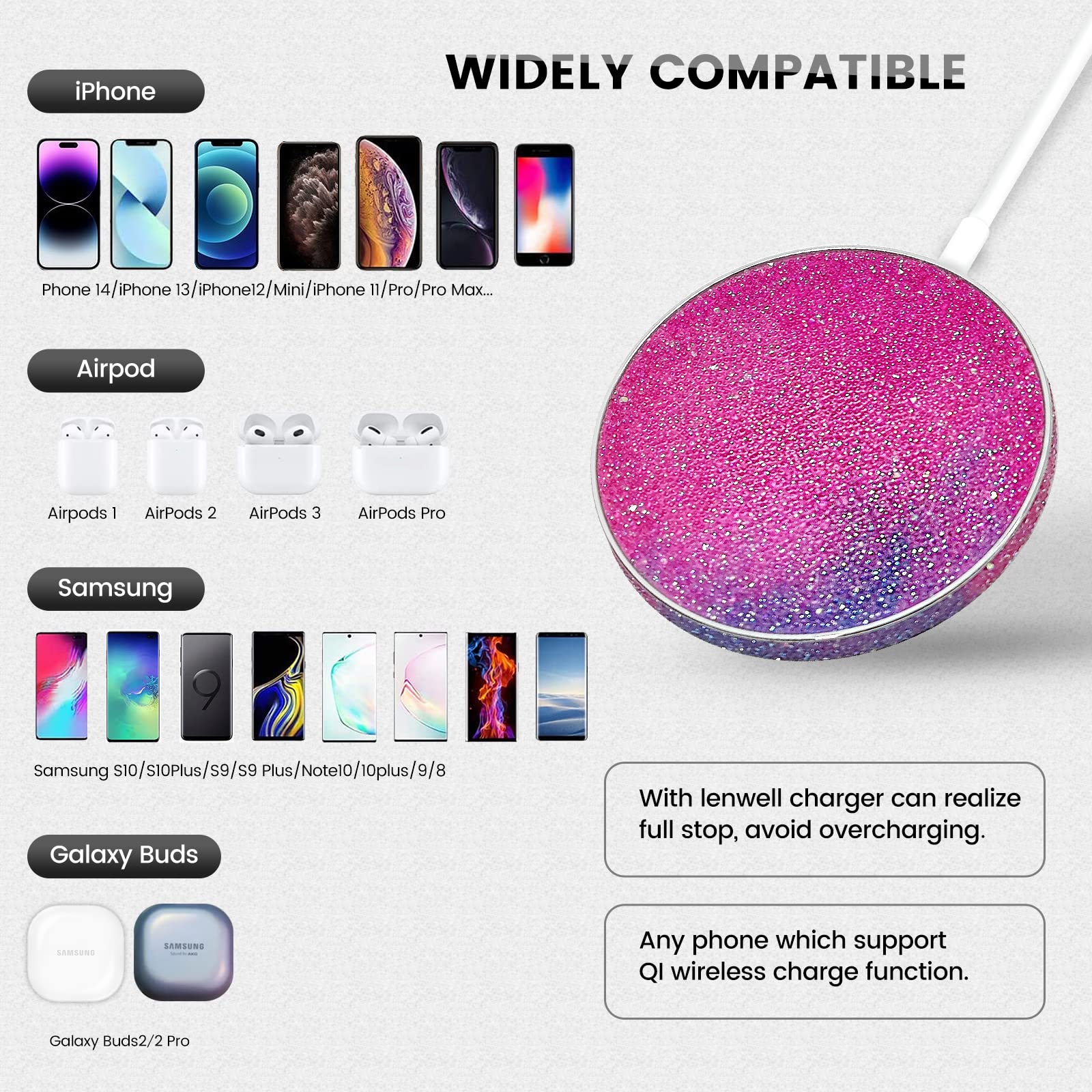 15W Max Qi-Certified Wireless Charger Pad with Bling Design - MagSafe Compatible for iPhone 13/14/12/11/X/XR/SE, AirPods & Galaxy Note/S21/S20/S10/S9 | Fast Charging with Type-C Cable (No AC Adapter) | Perfect for Bedside, Office & Car Use (Natural White)