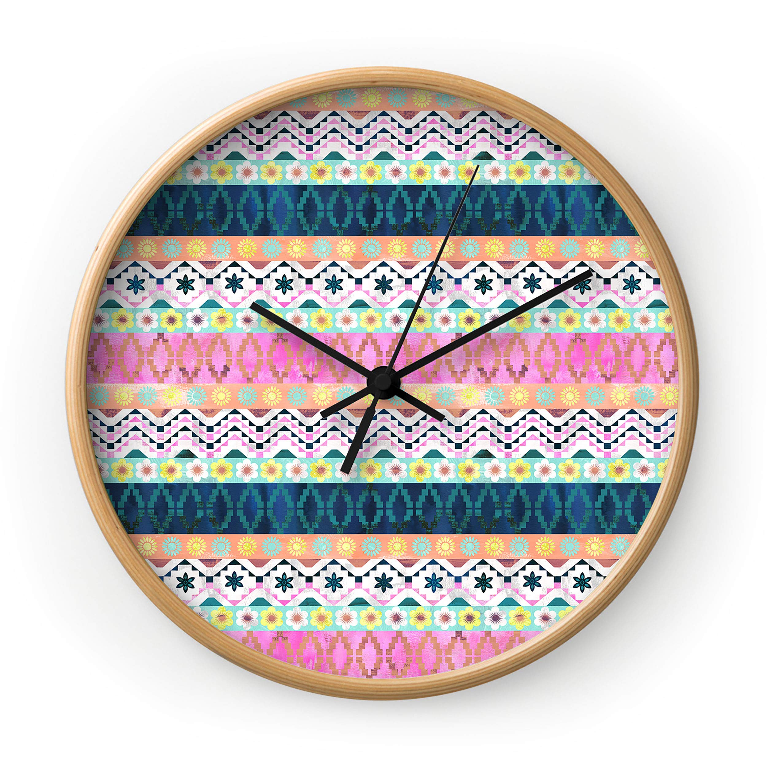 Deny Designs Schatzi Brown Wall Clock - Natural Wood Frame, Black Hands, Aviana Boho Style - Perfect for Living Room, Bedroom, or Office Decor