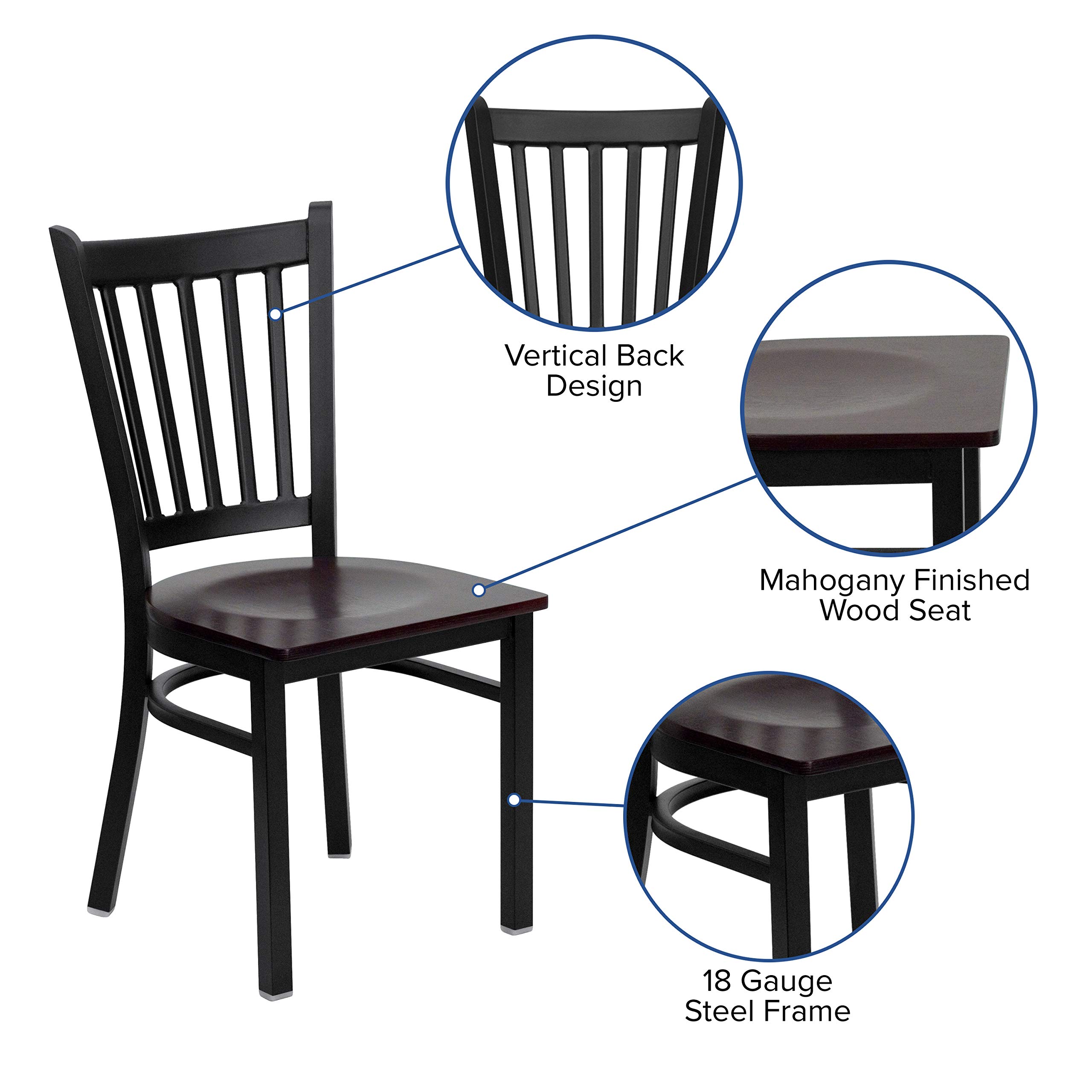 2 Pack Black Vertical Back Metal Restaurant Chairs with Mahogany Wood Seat - Durable & Stylish Dining Chairs for Restaurants, Cafes, and Home Kitchens
