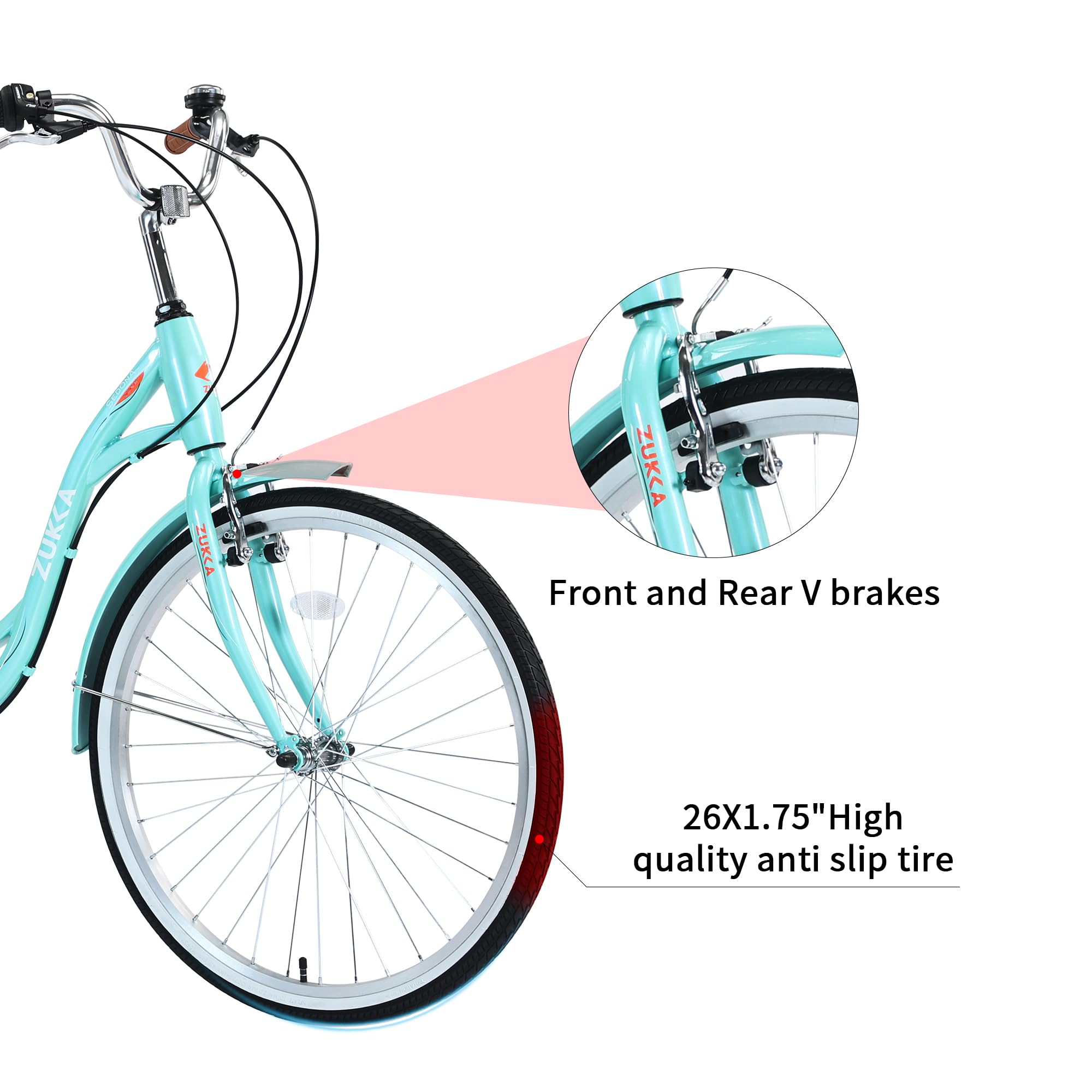 26 Inch Women's Beach Cruiser Bike - 7 Speed Commuter Bicycle with Adjustable Seat & Dual V-Brakes | Perfect for Coastal Rides, City Commuting & Leisure Cycling