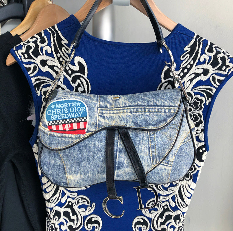 Vintage Christian Dior Blue Denim Printed Double Saddle Bag Fall 2001 Collection - Perfect for Casual Outings, Date Nights & Fashion Events