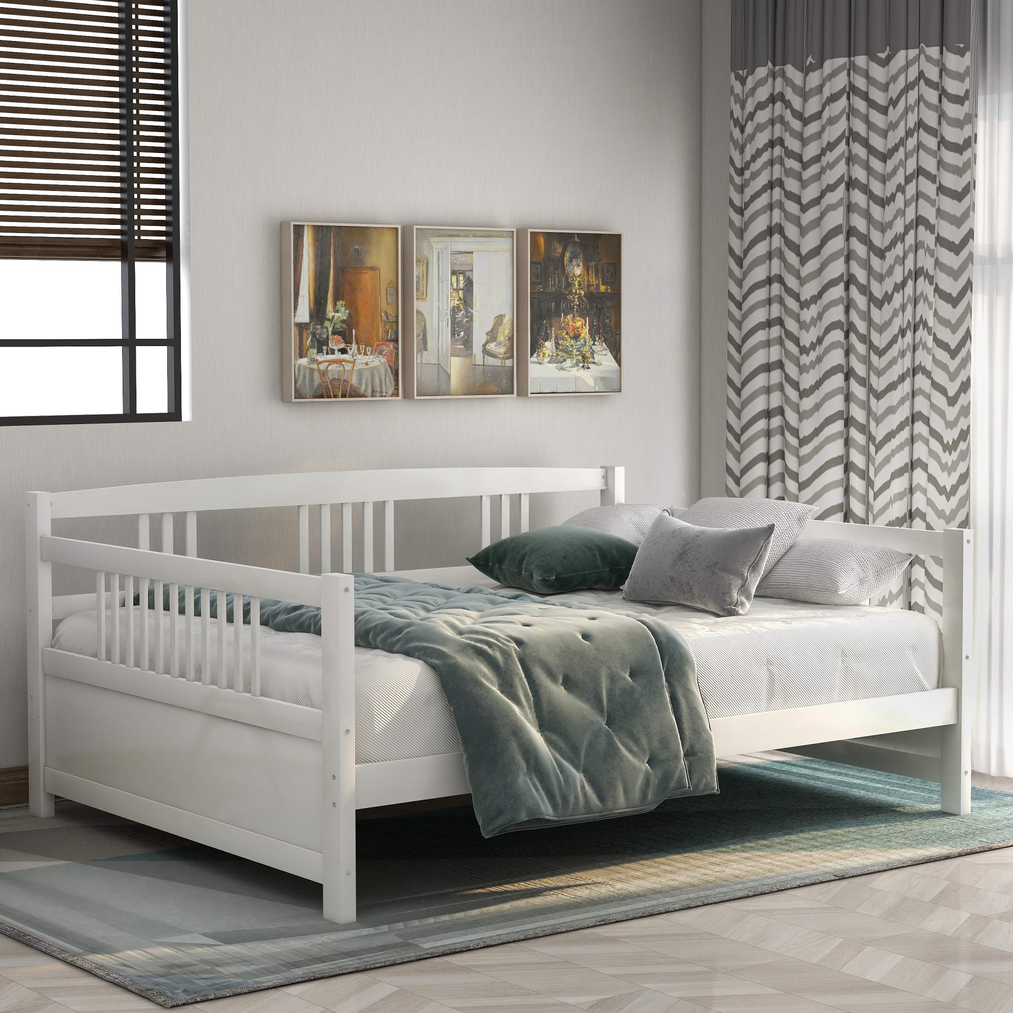 JULYFOX Full Size White Wood Daybed - 500 LB Heavy Duty Modern Platform Bed with Headboard & Footboard, Wood Slats No Box Spring Needed, 10 Inch Storage in Ivory White - Perfect for Home Office, Girls & Women Bedrooms, Guest Rooms and Small Spaces