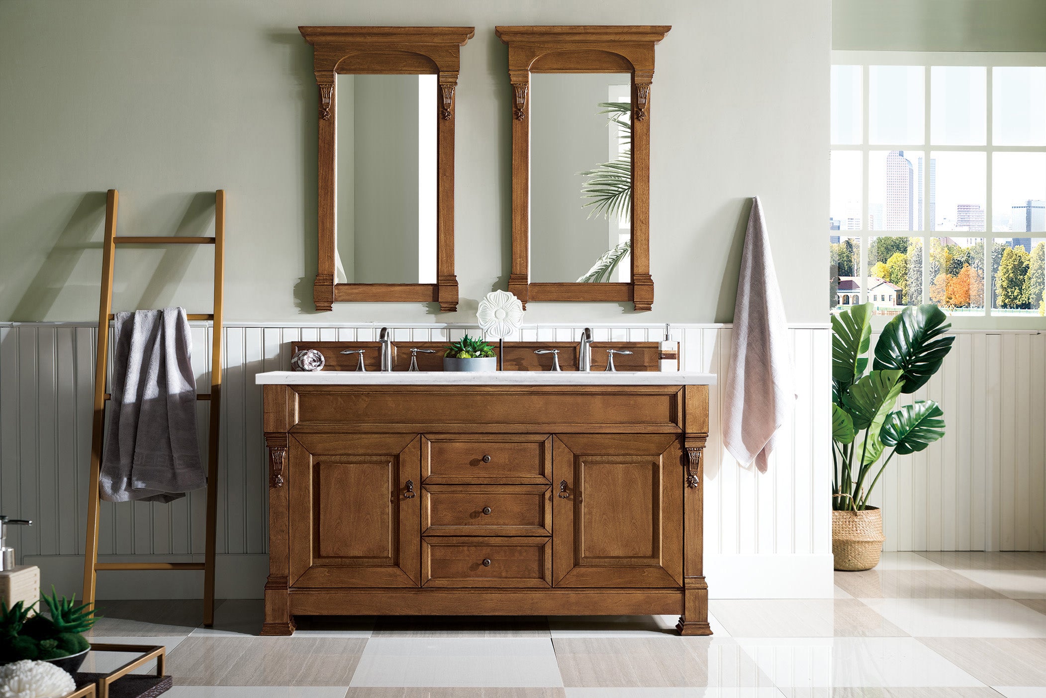 Brookfield 60-Inch Double Vanity with Country Oak Finish & 3CM Arctic Fall Solid Surface Top - Perfect for Master Bathroom Renovation and Modern Farmhouse Style Homes