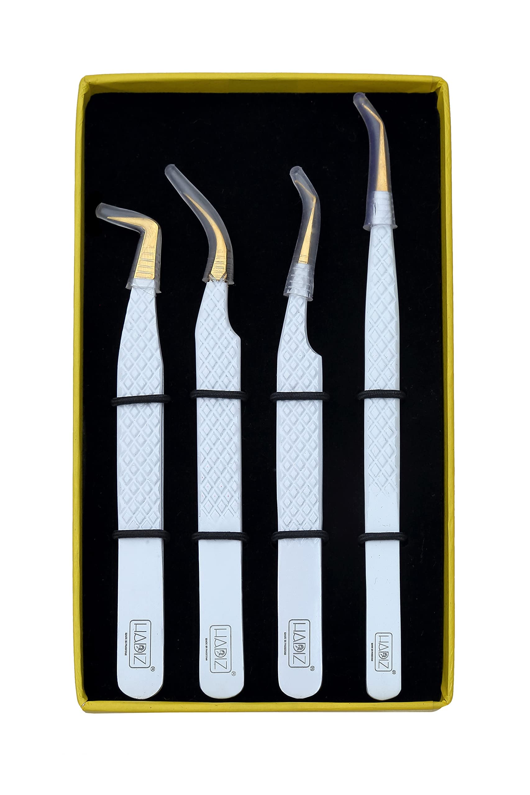 HADIZ 4-Piece Fiber Tip Tweezers Set - Diamond Grip Eyelash Extension Tweezers, Japanese Stainless Steel Lash Tweezers (Cream) - Perfect for Professional Lash Artists & DIY Home Use