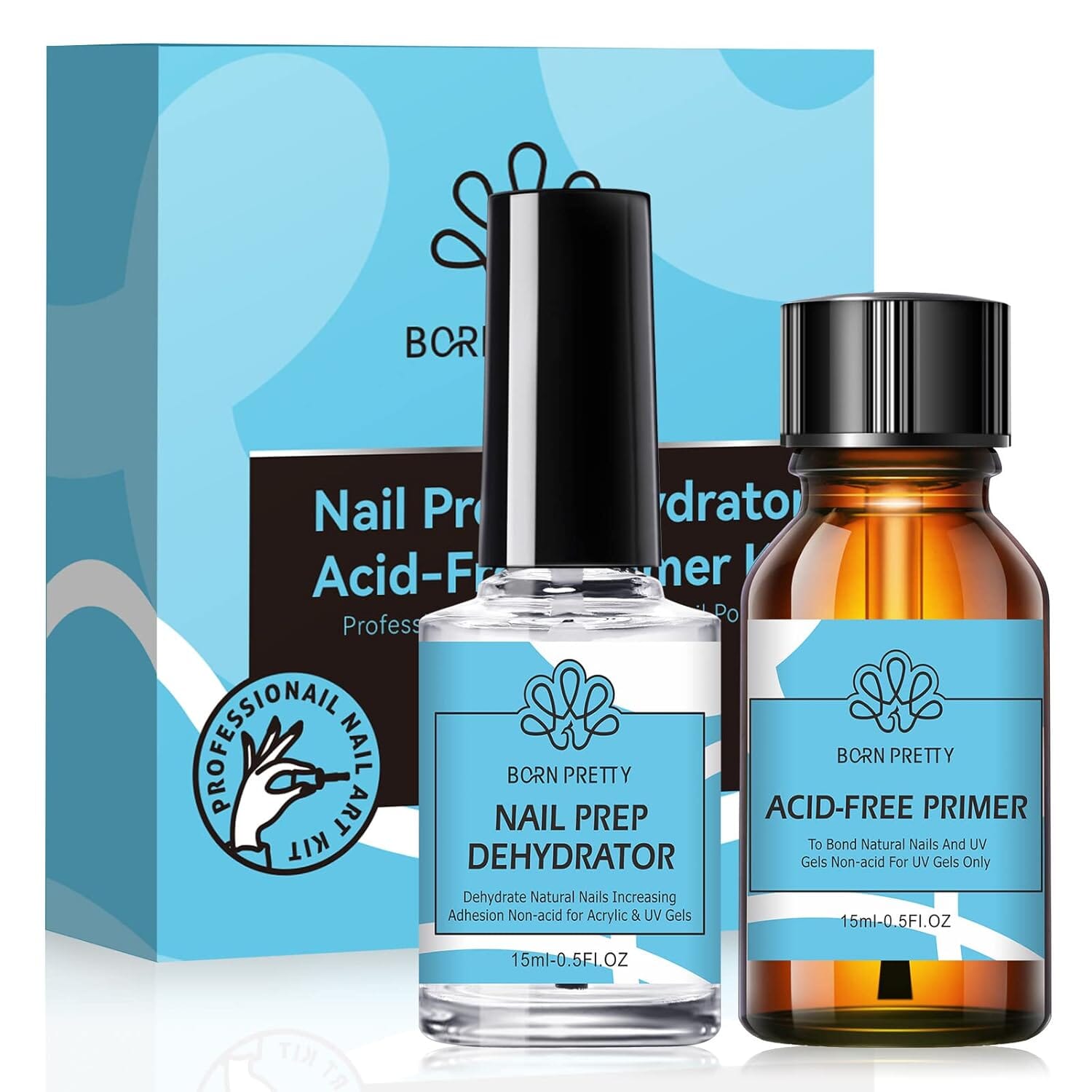 2-Pack Nail Prep Dehydrator & Primer Set - 15ml Each - Professional Nail Treatment for Stronger Manicures - Perfect for Salon & Home Nail Care