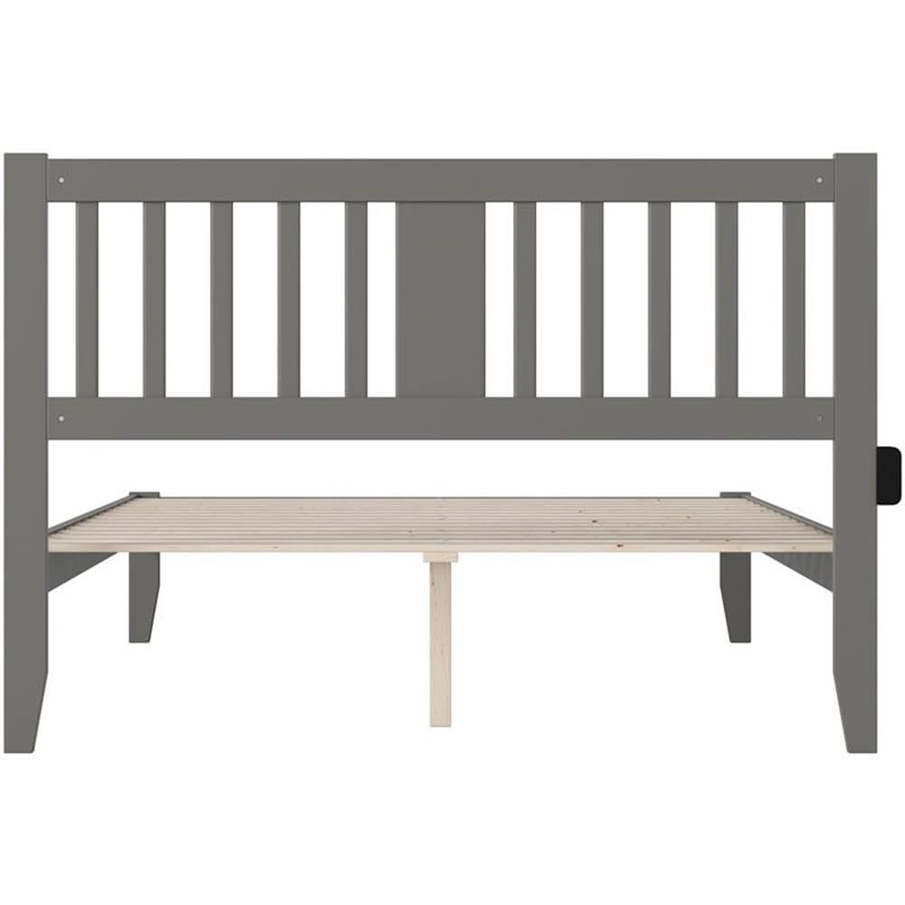 BOWERY HILL Gray Wooden Queen Size Spindle Bed Frame with USB Turbo Charger | Transitional Style Bedroom Furniture for Master Bedroom & Guest Room