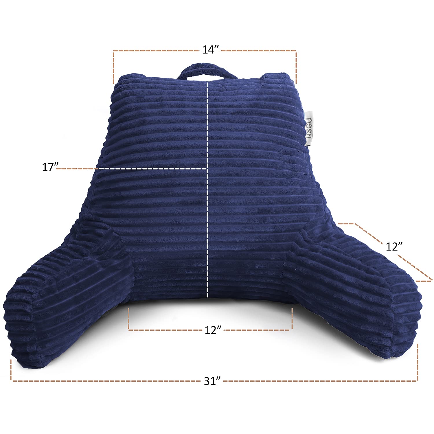 Clara Clark Plush Reading Pillow for Adults - Back Support Pillow with Arms & Pockets for Sitting in Bed, Shredded Foam Bed Rest Pillow (Navy) - Perfect for Reading, Watching TV, or Relaxing in Bed