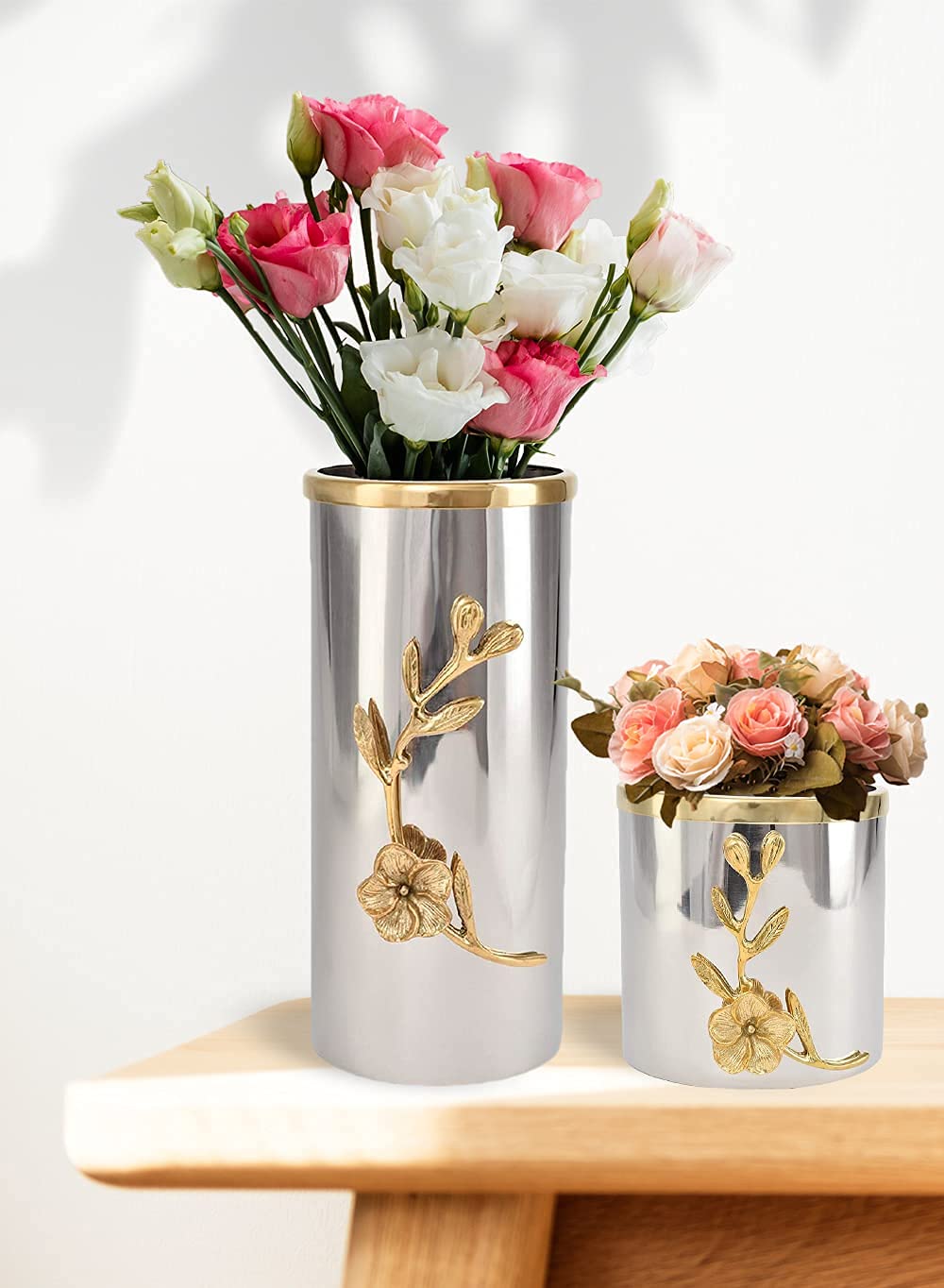 Serene Spaces Living Orchid Stem Tall Vase with Gold Rim & Silver Accents - 9.25