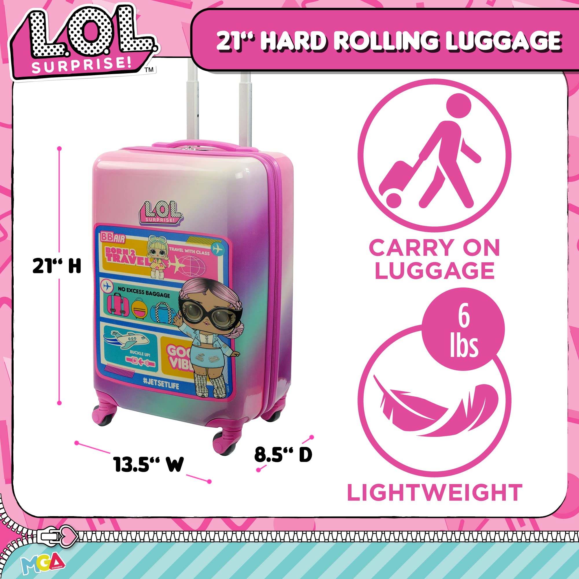 FUL Unisex Kids L.O.L Surprise Rolling Luggage - Durable Hardshell Carry-On Suitcase with 360° Spinner Wheels, Gradient Design - Perfect for Travel, Birthday Gifts & School Trips
