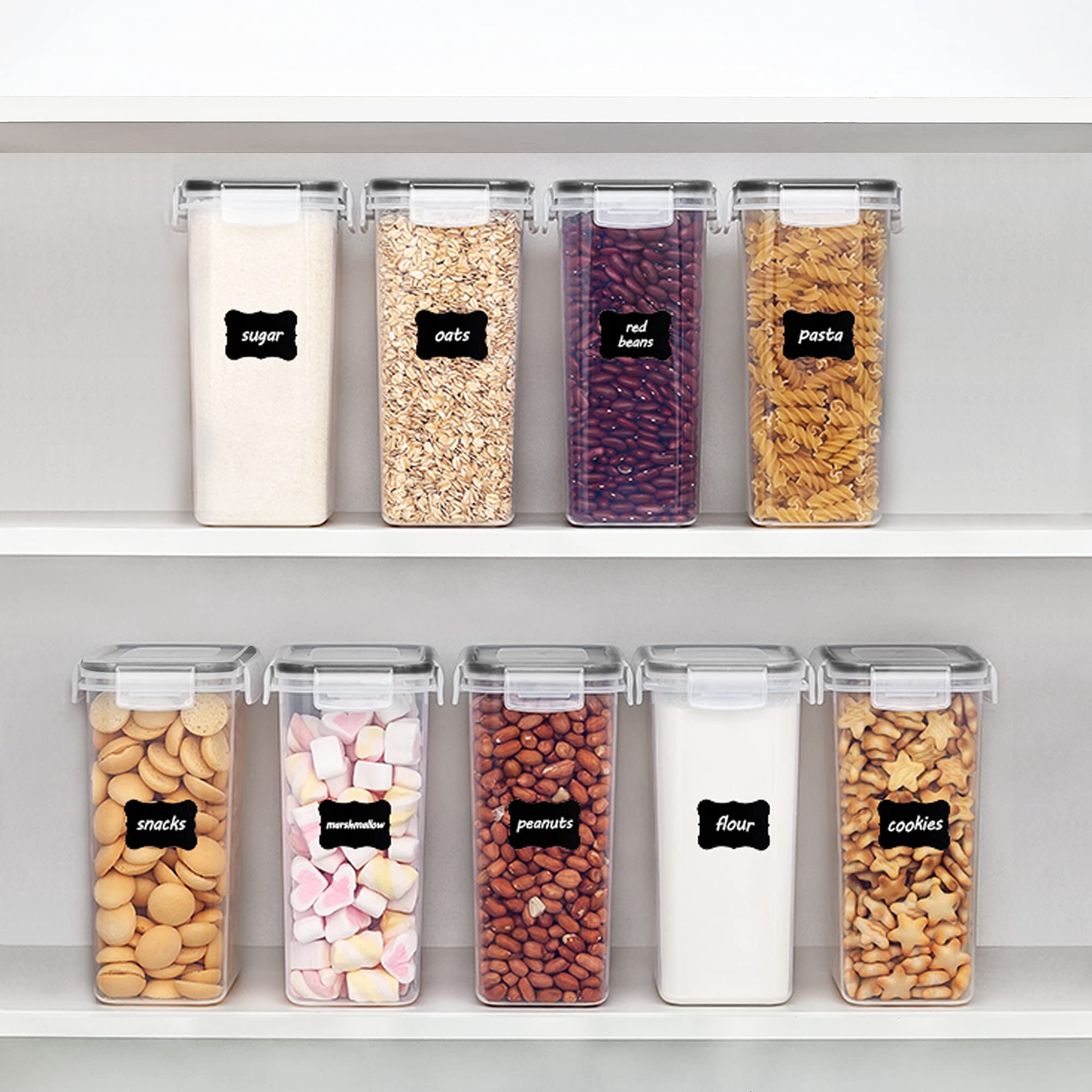 Vtopmart 9-Piece Airtight Food Storage Containers Set with Lids - BPA Free Plastic Kitchen Pantry Organizers for Flour, Cereal & Dry Food - Includes 2L Containers & 24 Labels (Black) - Perfect for Meal Prep, Baking & Pantry Organization