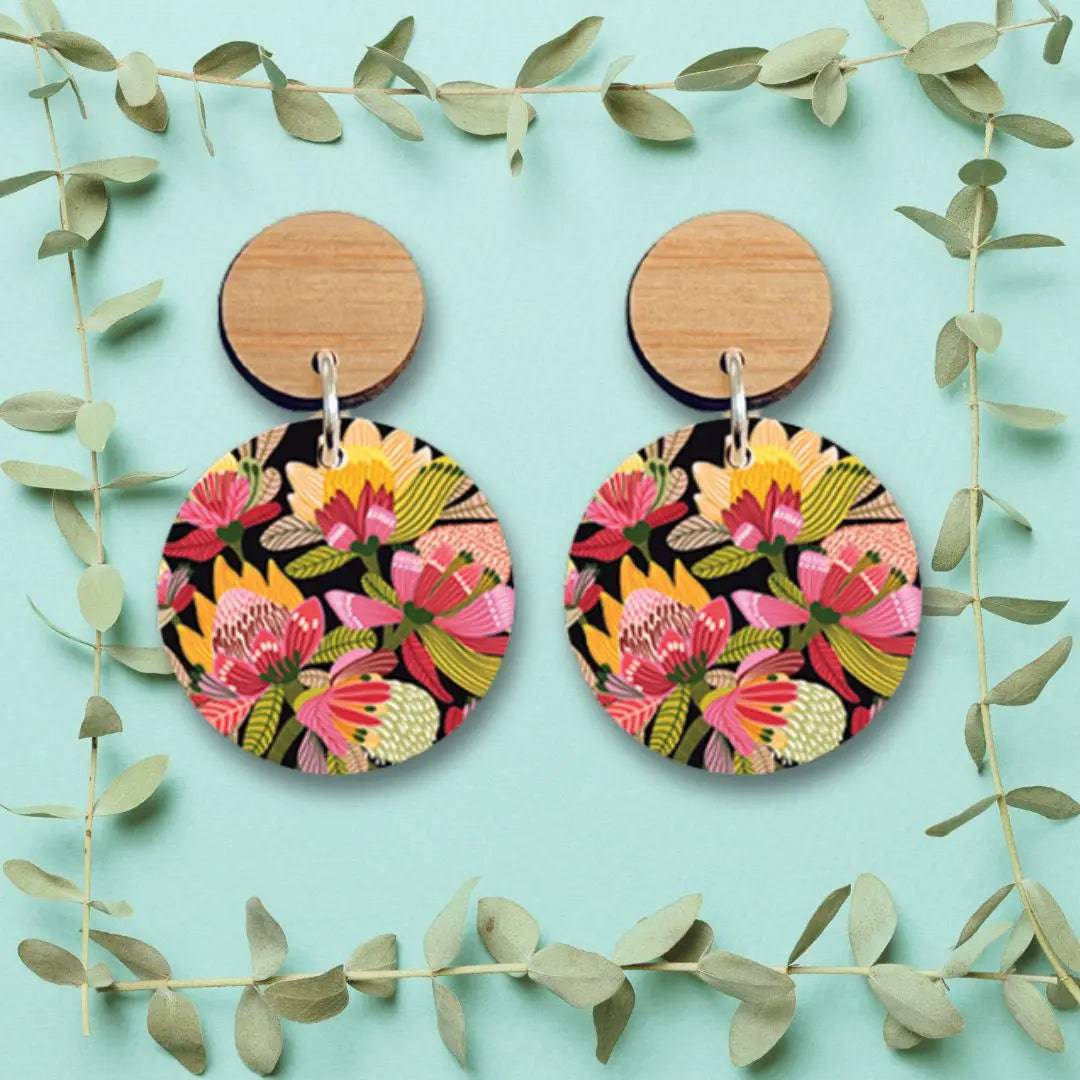 Wild Proteas Australian Wooden Earrings - Handmade Boho Dangle Earrings for Women - Perfect for Festivals, Weddings & Boho Fashion