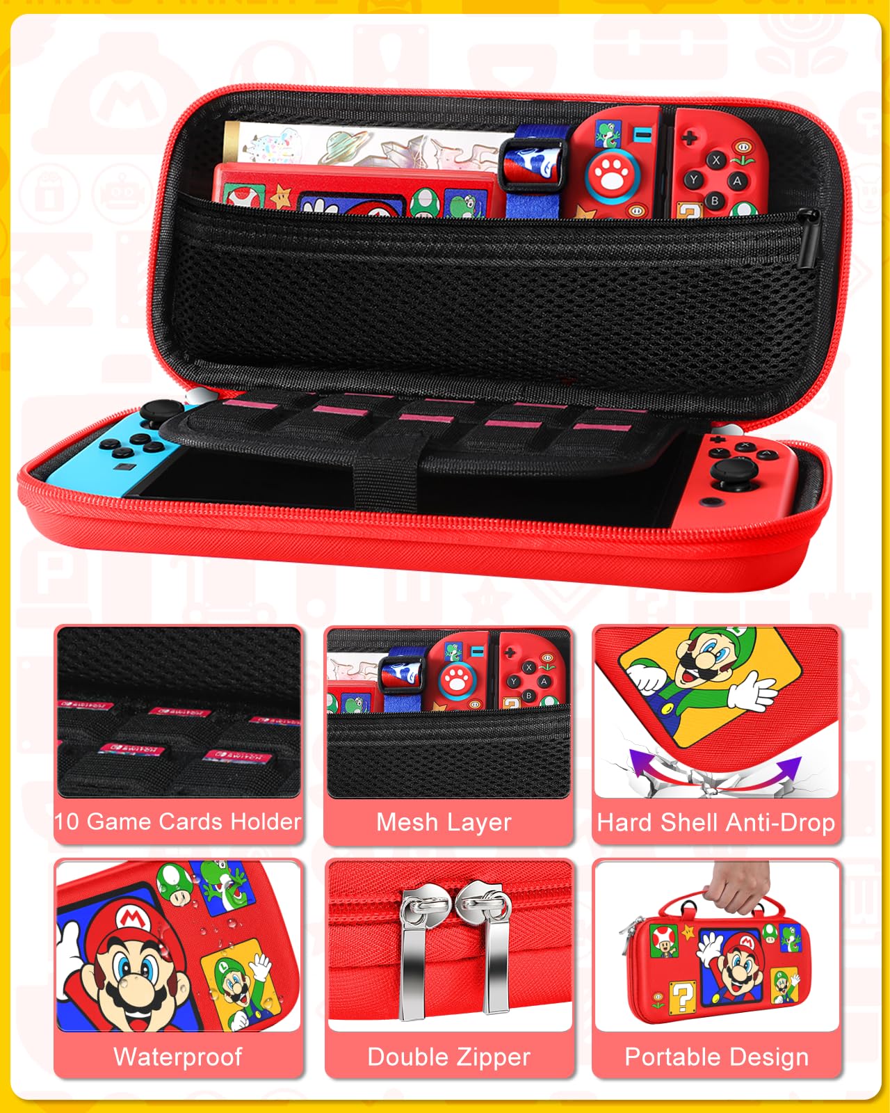Nintendo Switch 9-in-1 Storage Accessories Kit - Travel Carrying Case, Protective Cover, Game Holder, Strap, Stickers, Joycon Shells & Thumb Caps for Boys, Girls & Kids (Red) | Perfect for Travel, Gaming Parties & Switch Protection