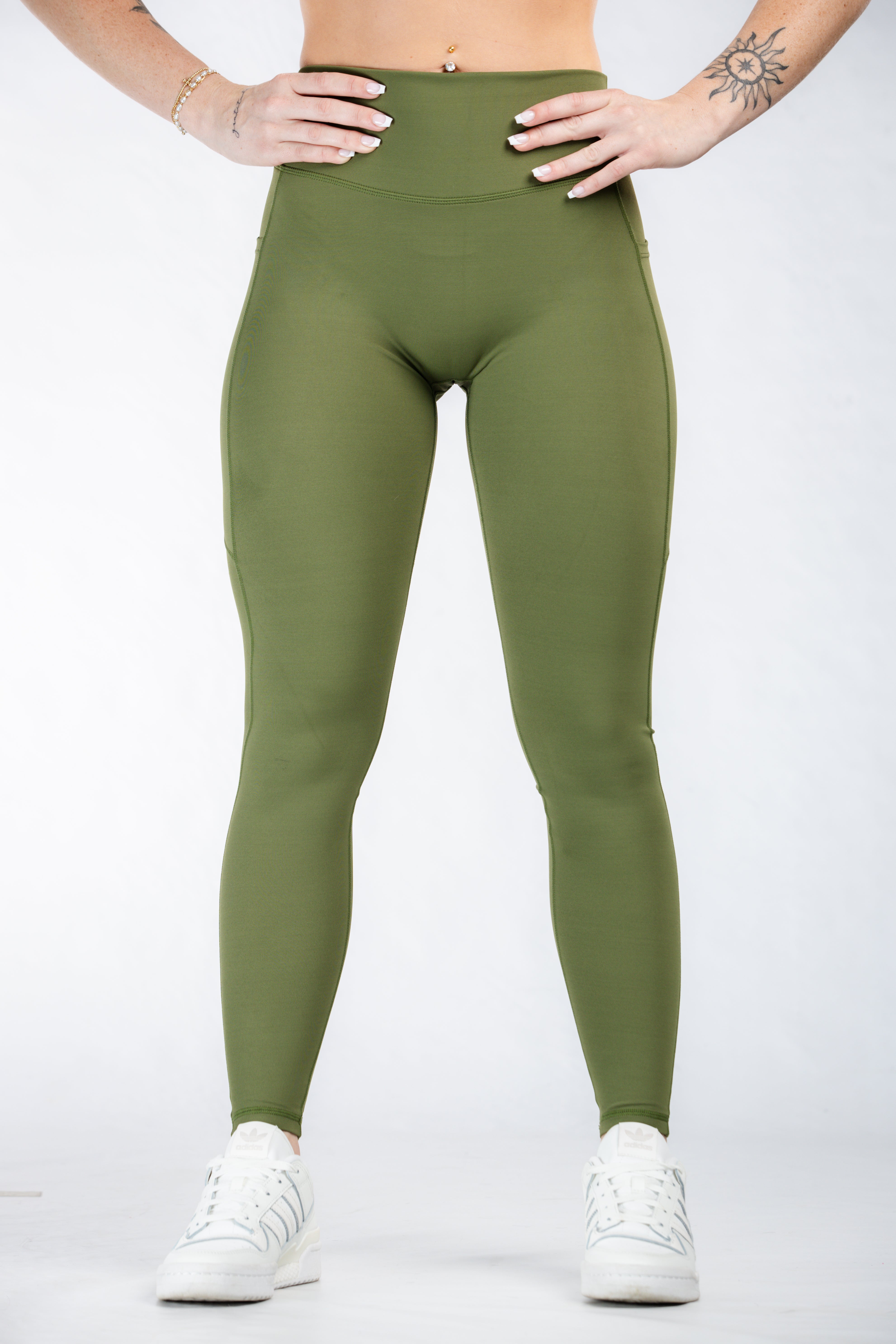 Empowered High Waist Leggings with Pockets - Women's Workout Yoga Pants in Military Green | Perfect for Gym, Running & Everyday Wear
