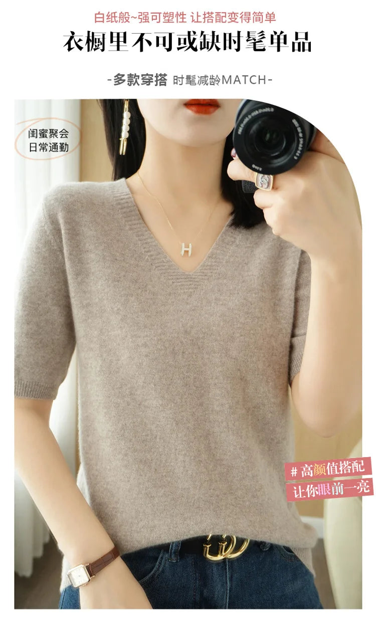 Solid Color V-Neck Half-Sleeve Cashmere Sweater for Women - Soft Thin Knit Casual Top for Office Wear & Fall Layering