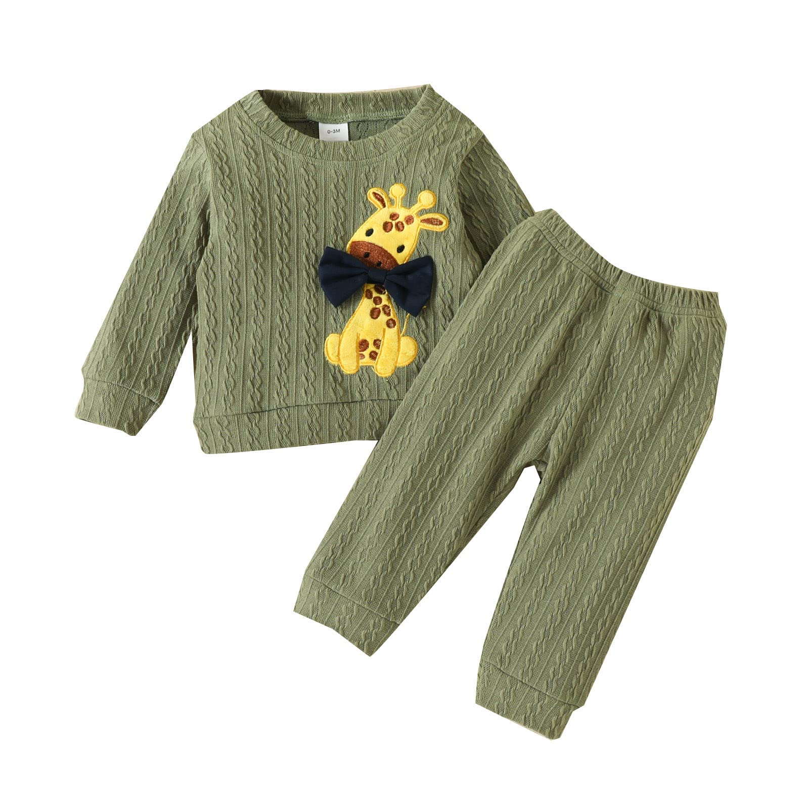 Baby Girls & Boys Long Sleeve Tops with Giraffe Embroidery & Solid Color Pants Set - Green 6-9 Months | Warm Autumn Winter Outfit for Playdates & Family Photos