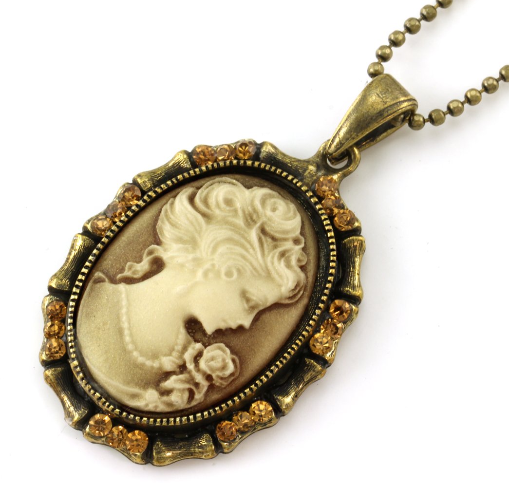 Elegant Light Brown Cameo Pendant Necklace with Rhinestones - Vintage Inspired Women's Fashion Jewelry for Parties, Weddings & Special Occasions