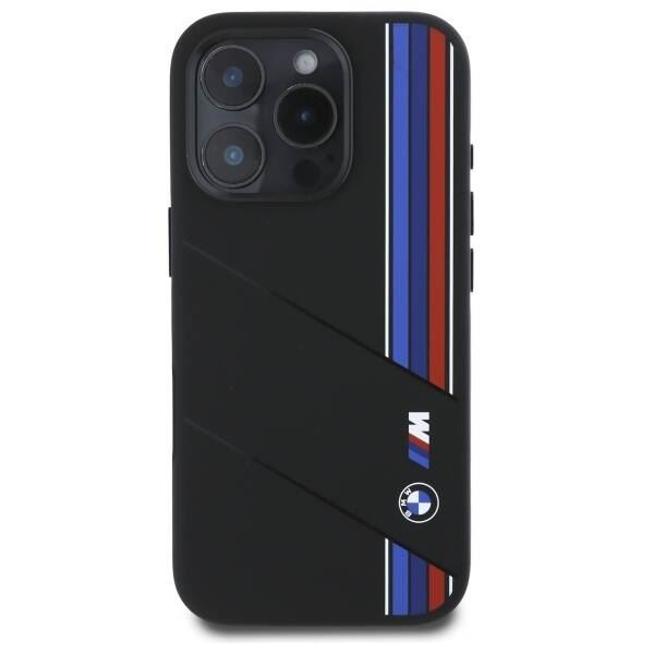 BMW M Series Silicone Phone Case with Tricolor Design - MagSafe Compatible for iPhone 16 Pro (6.3 Inch) - Durable Protective Cover - Perfect for Sports, Travel & Everyday Use - Black (Model: BMHMP16L23SCUK)