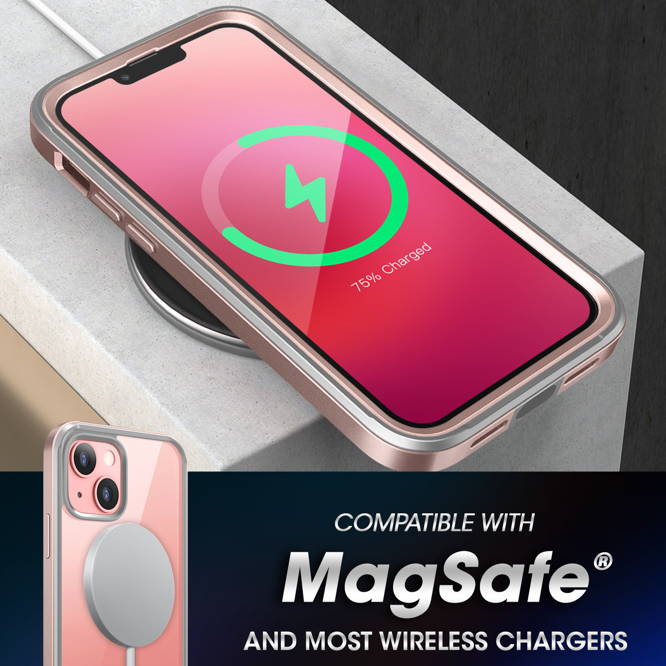 iPhone 13 Case 6.1 Inch with Built-in Screen Protector | Unicorn Beetle Edge Clear Protective Cover in Peach Pink | Shockproof Slim Design for Everyday Use & Outdoor Activities