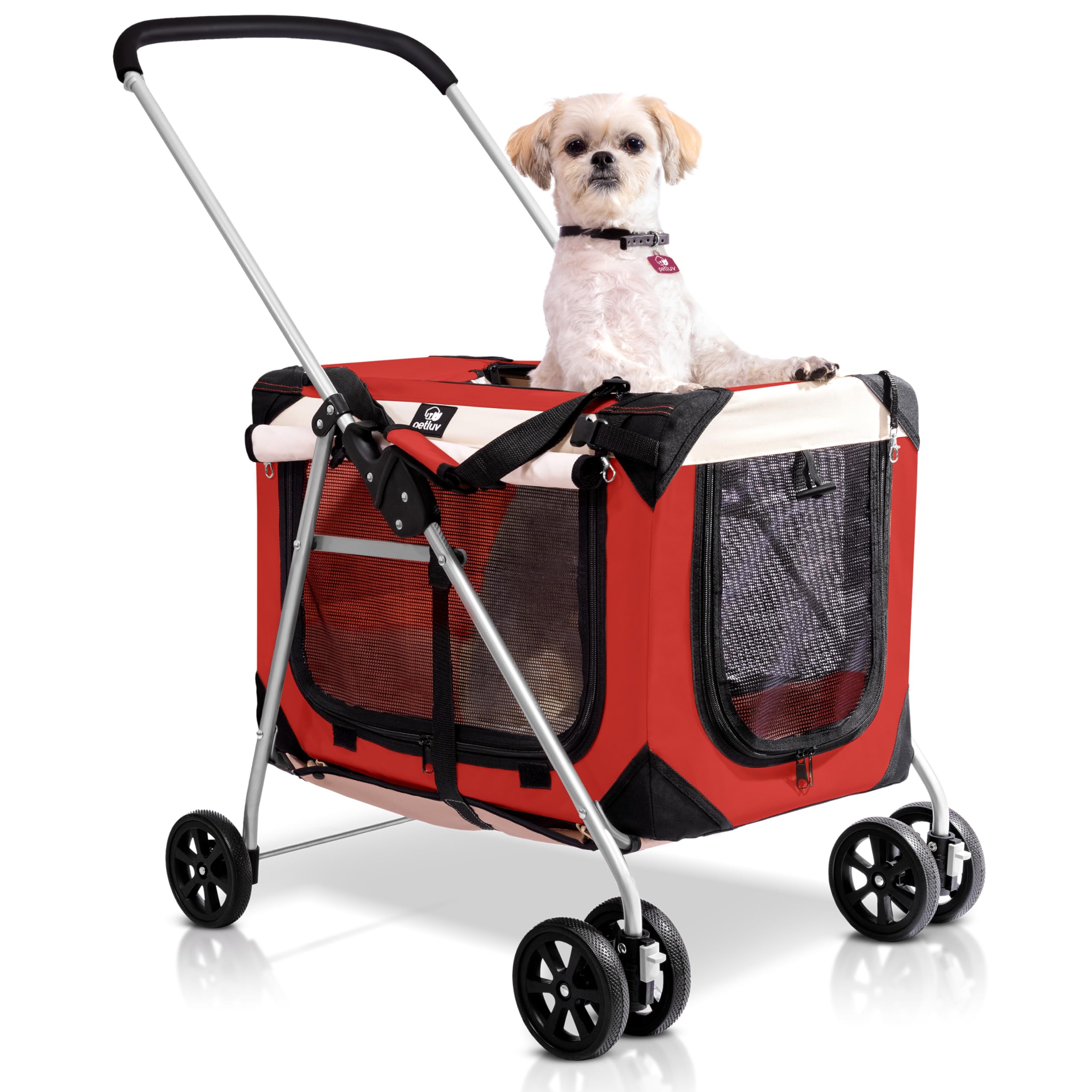 Premium Pet Stroller for 2 Cats or Small to Medium Dogs (10-45 lbs) - Lightweight & Durable Red Design - Perfect for Park Walks, Vet Visits & Shopping Trips