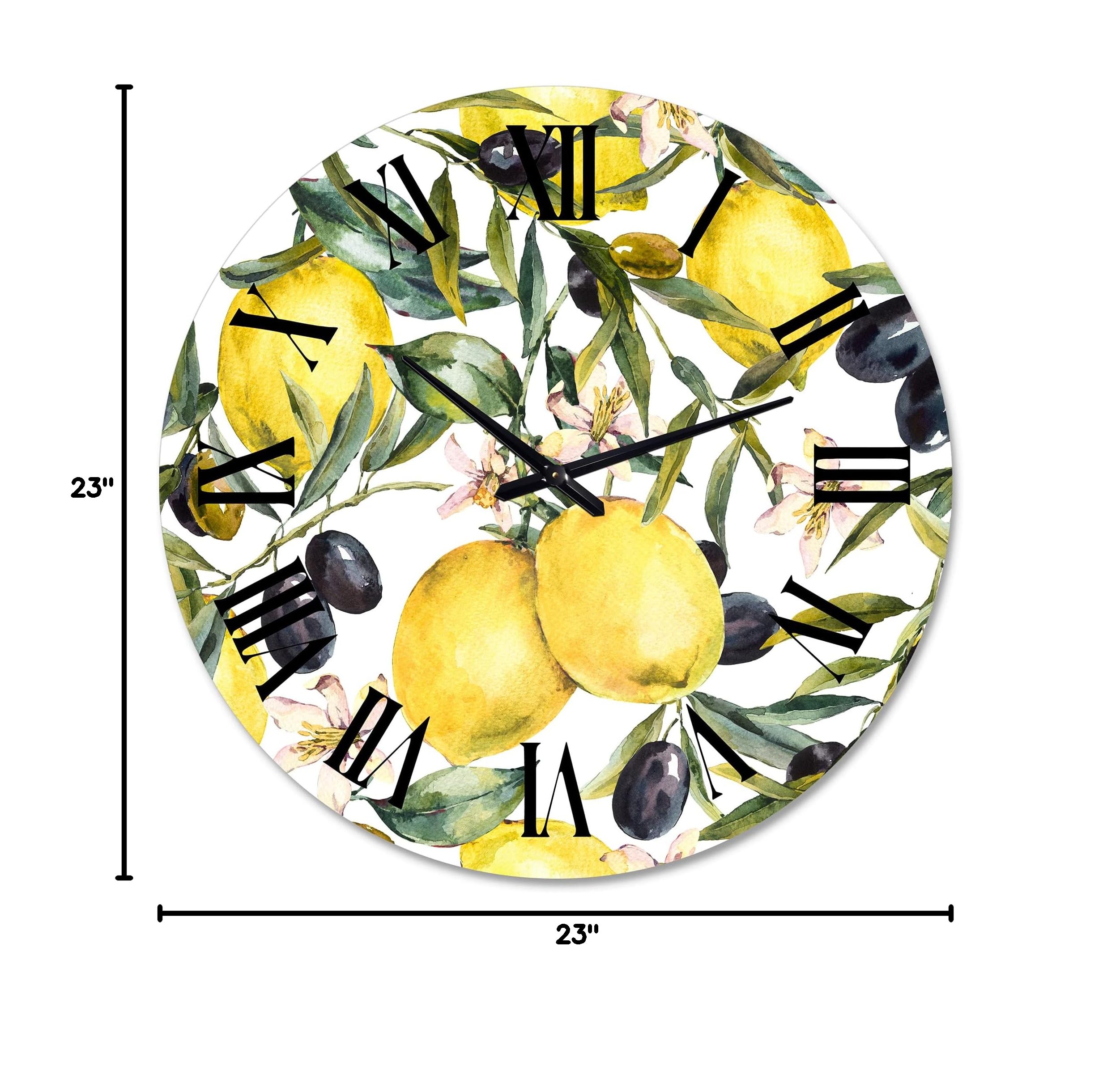 Tropical Wall Clock 'Lemon & Olive Branches' - Large Decorative Kitchen Clock for Home, Office & Cafe - Perfect for Dining Room, Bar & Restaurant Decor