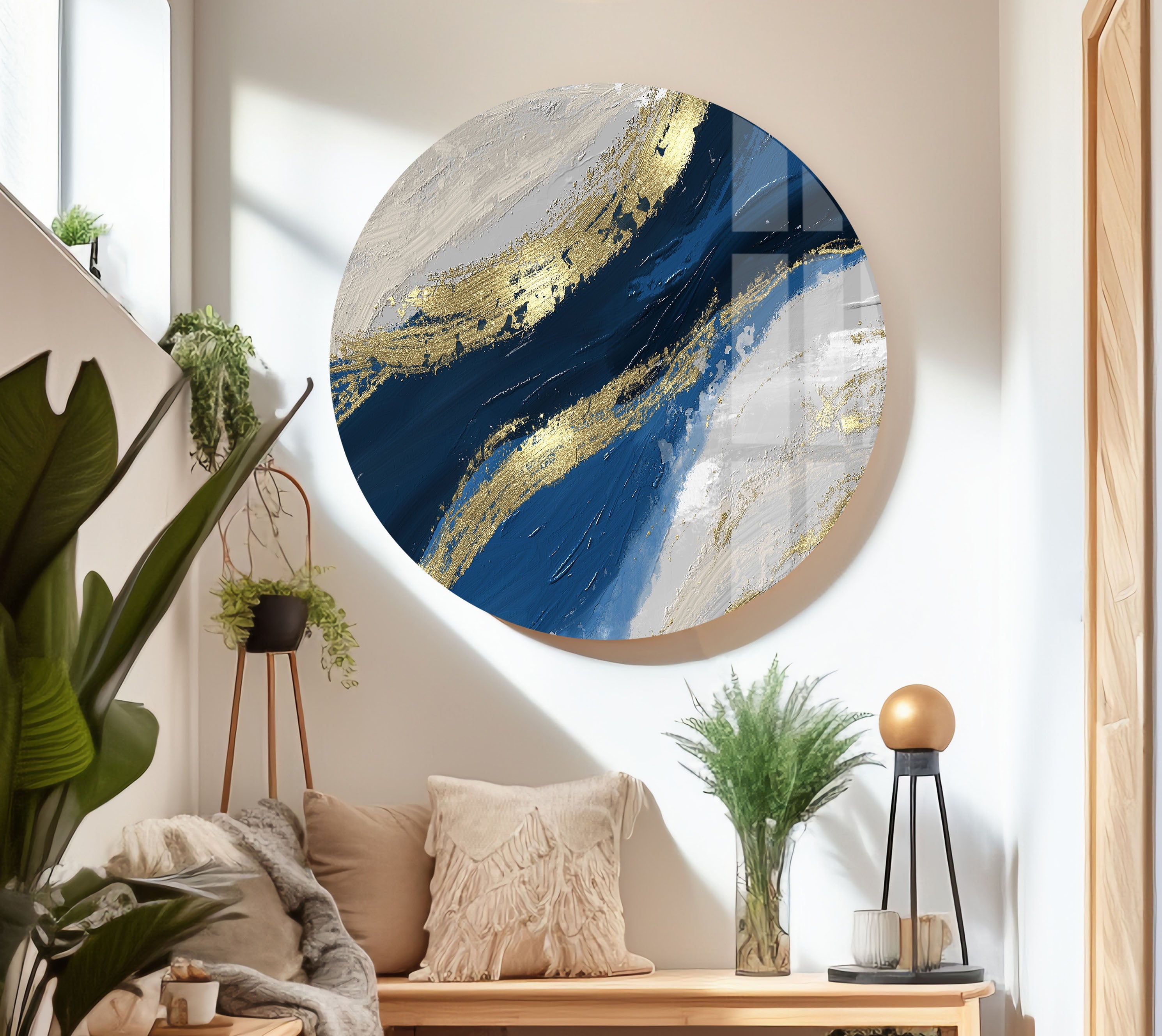 Blue and Gold Modern Art Glass Wall Decor - Elegant Handmade Glass Artwork for Living Room, Bedroom & Office Decor