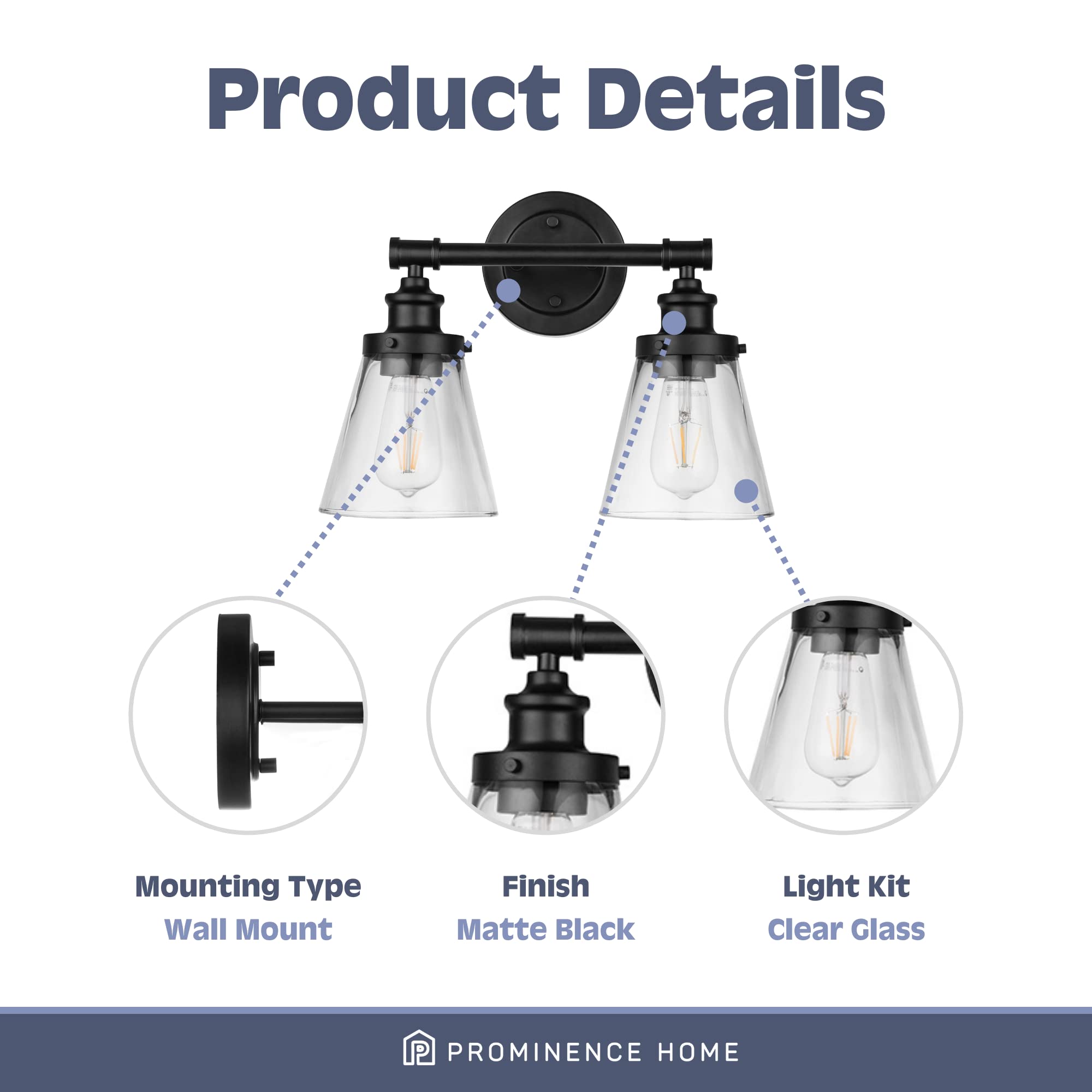 Prominence Home Helenah 2-Light Matte Black Bathroom Vanity Light Fixture with Clear Glass Shades - 51561-01 | Modern Lighting for Bathroom, Powder Room & Dressing Area
