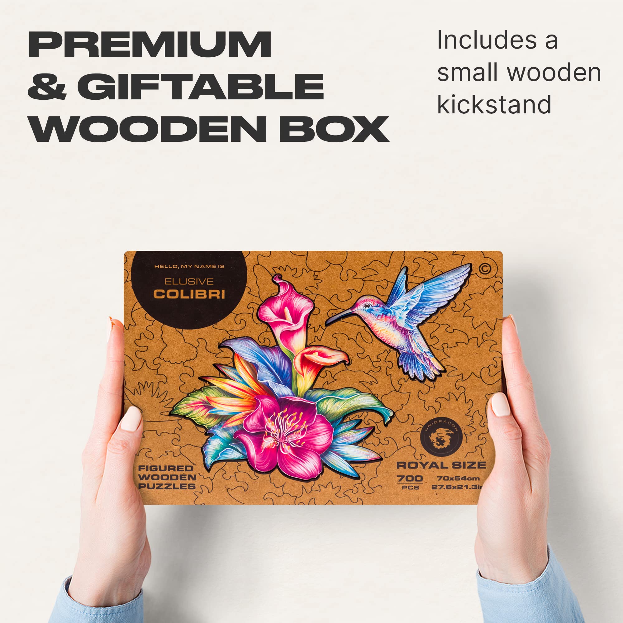 UNIDRAGON Original Wooden Jigsaw Puzzle - 700 Piece Elusive Colibri Hummingbird Art, Large 27.6x21.3 Inches, Unique Shaped Pieces, Premium Gift Box for Adults & Kids - Perfect for Family Game Night, Home Decor & Stress Relief