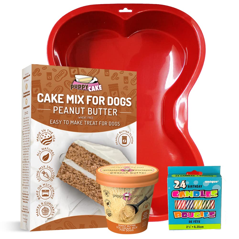Organic Puppy Cake Kit - Peanut Butter Dog Birthday Cake & Ice Cream Mix with Bone Silicone Pan & 24 Candles | Perfect for Pet Birthday Parties, Adoption Celebrations & Special Treats