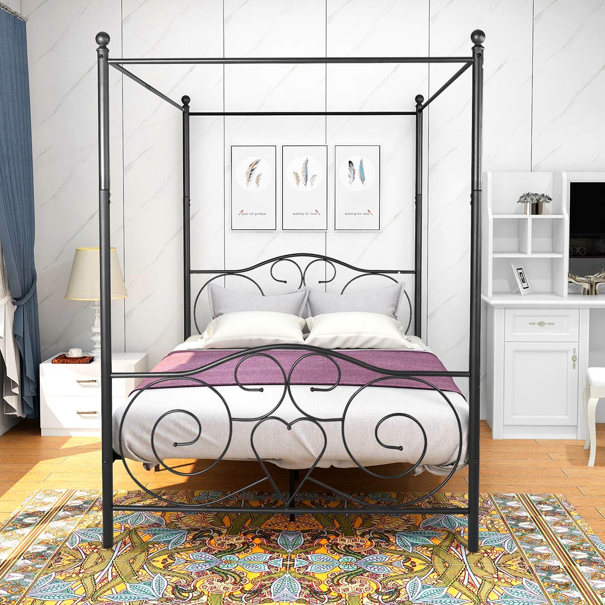 HABITRIO Full Size Metal Canopy Bed Frame with Headboard & Footboard - Modern 4 Poster Corner Bed with Sturdy Metal Slat Support (No Box Spring Needed) - Perfect for Master Bedroom, Guest Room & Bohemian Style Decor