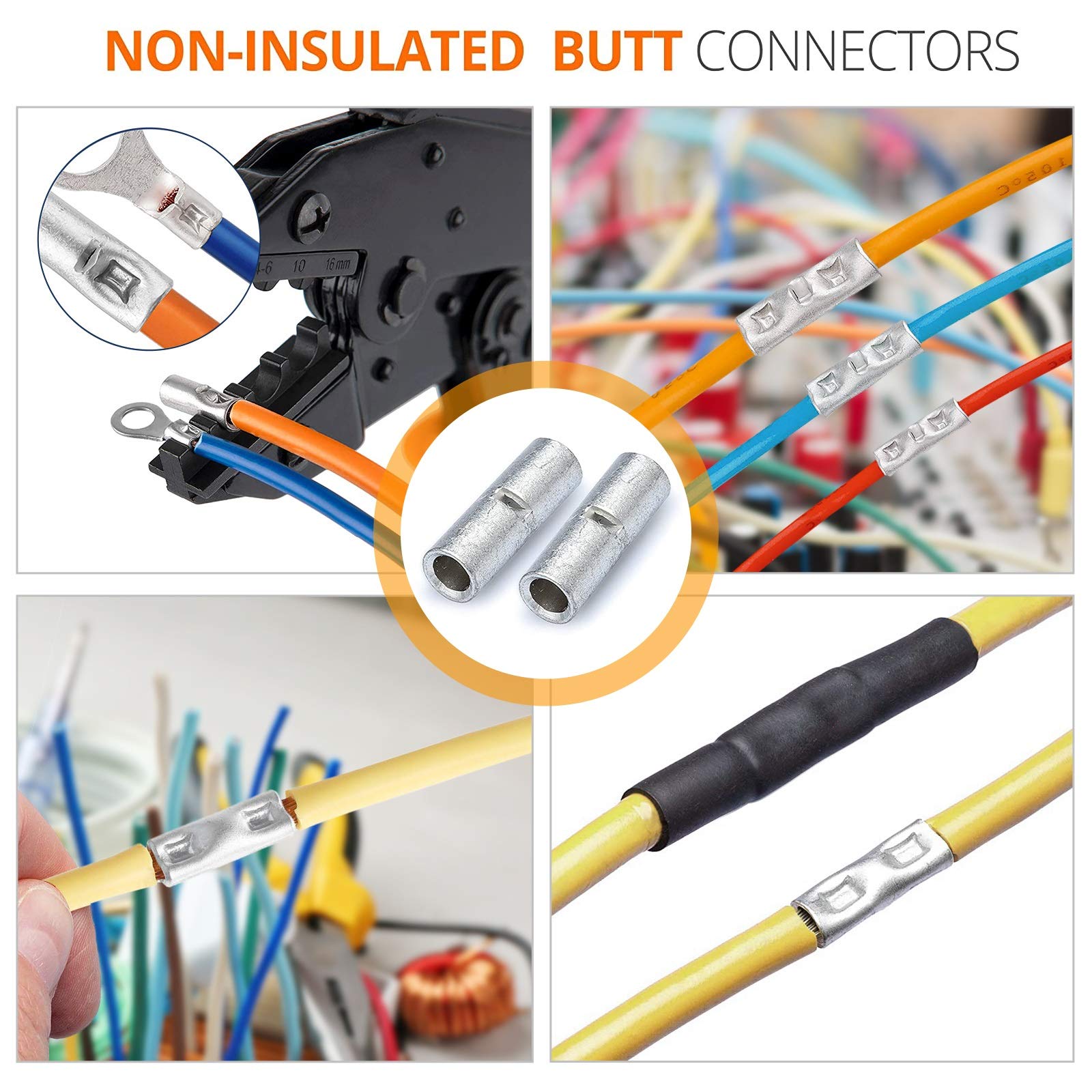 SVAAR 200PCS Non-Insulated Butt Connectors Kit - Marine Grade Tinned Copper, Seamless Crimp Wire Terminals for 22-6 Gauge (Electrical Wiring, Automotive, Marine & DIY Projects)