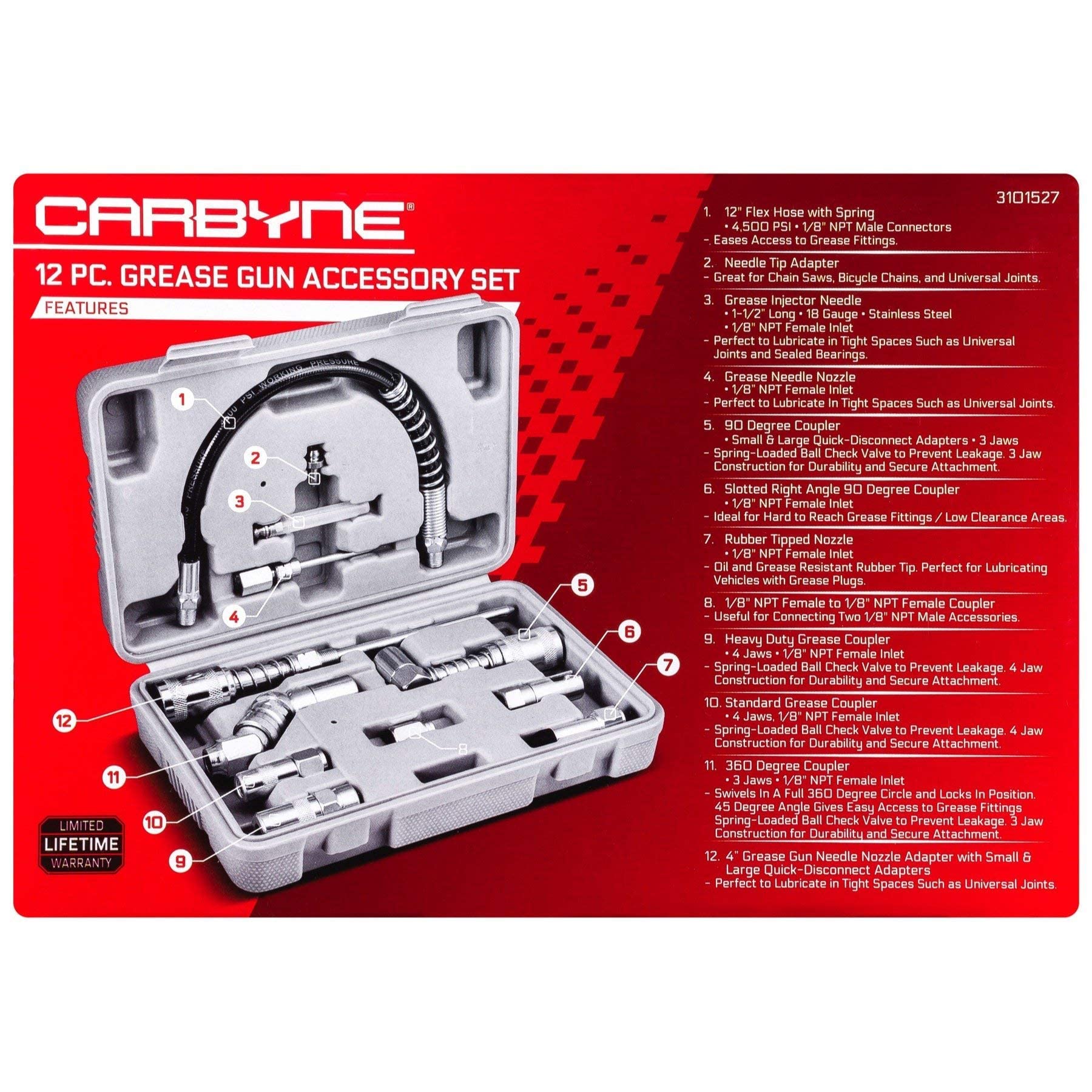 Carbyne Lever Handle Grease Gun with 12-Piece Accessory Kit - Heavy Duty Lubrication Tool for Automotive, Industrial & Farm Equipment Maintenance